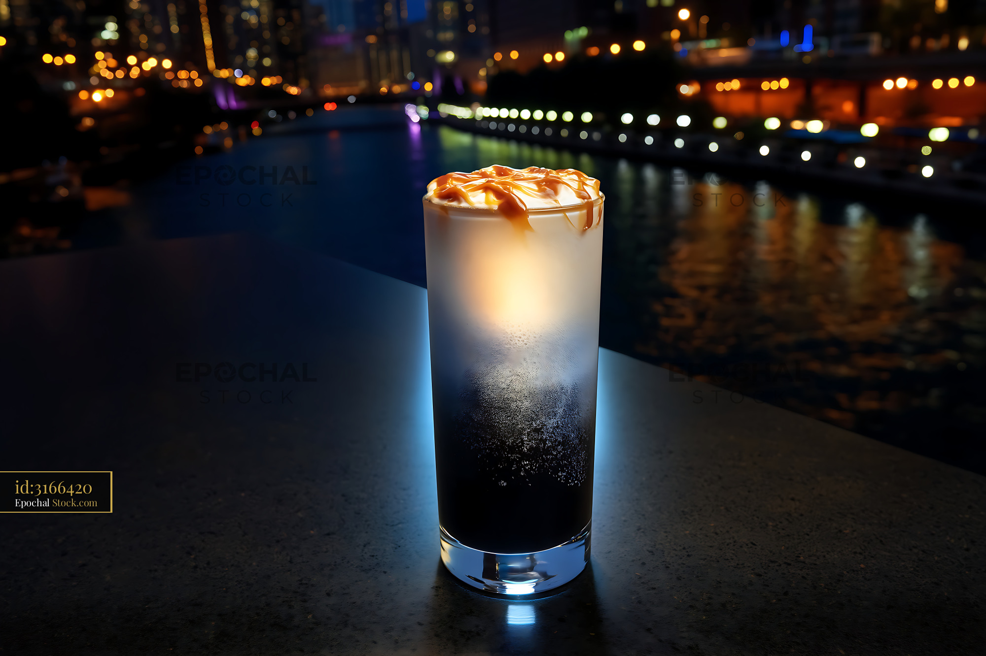 Nitro Caramel Coffee Against City Lights - stock photo