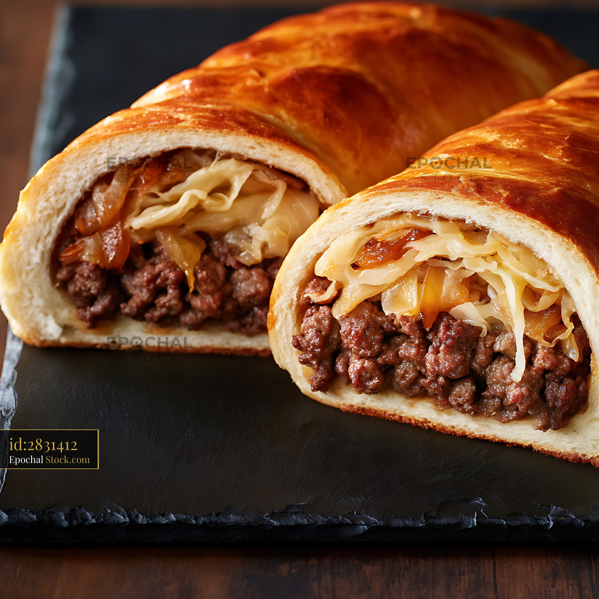 Golden Beef Croissant with Caramelized Onions - stock photo
