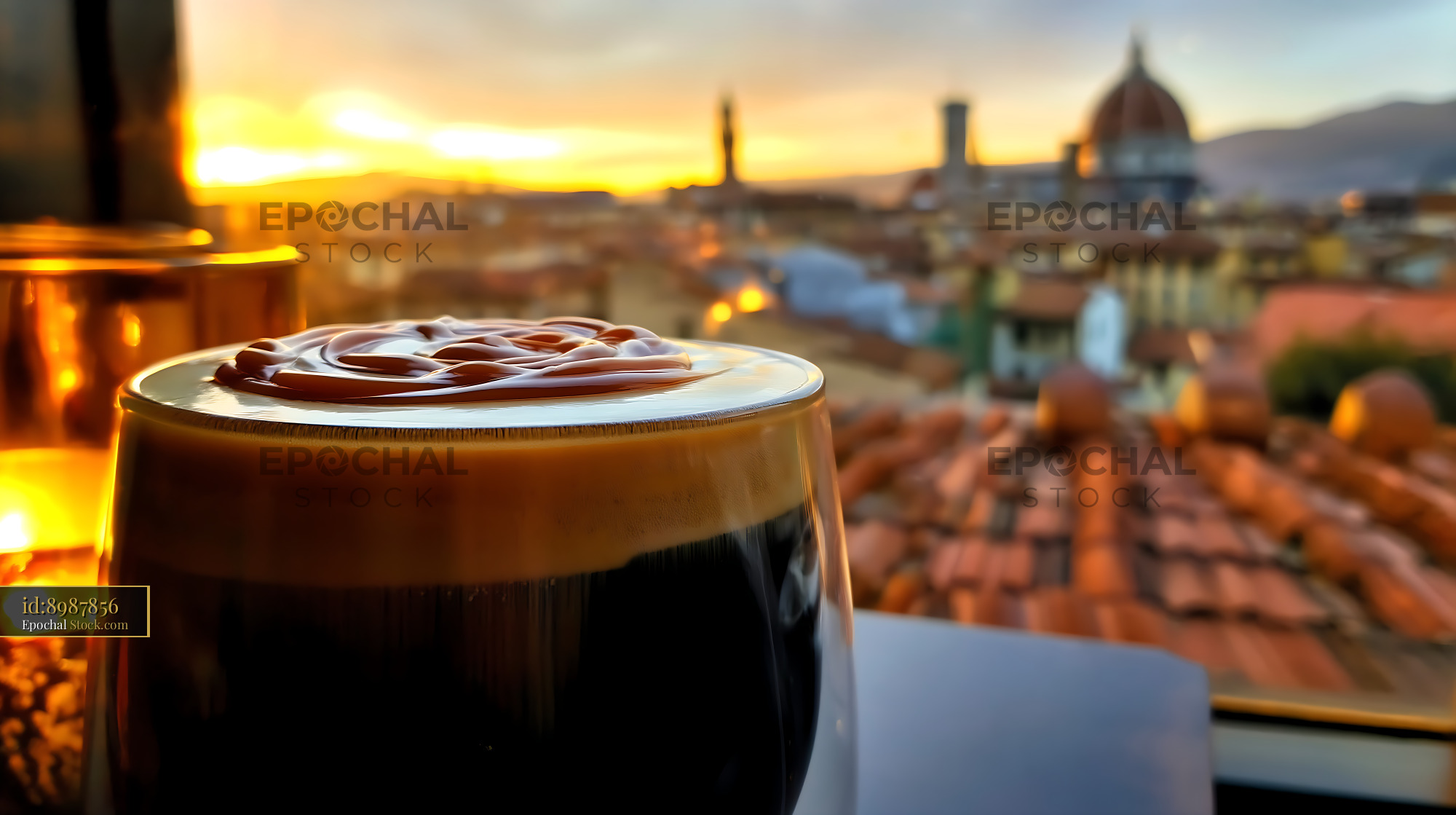 Nitro Caramel Coffee with Florence Sunset Backdrop - stock photo