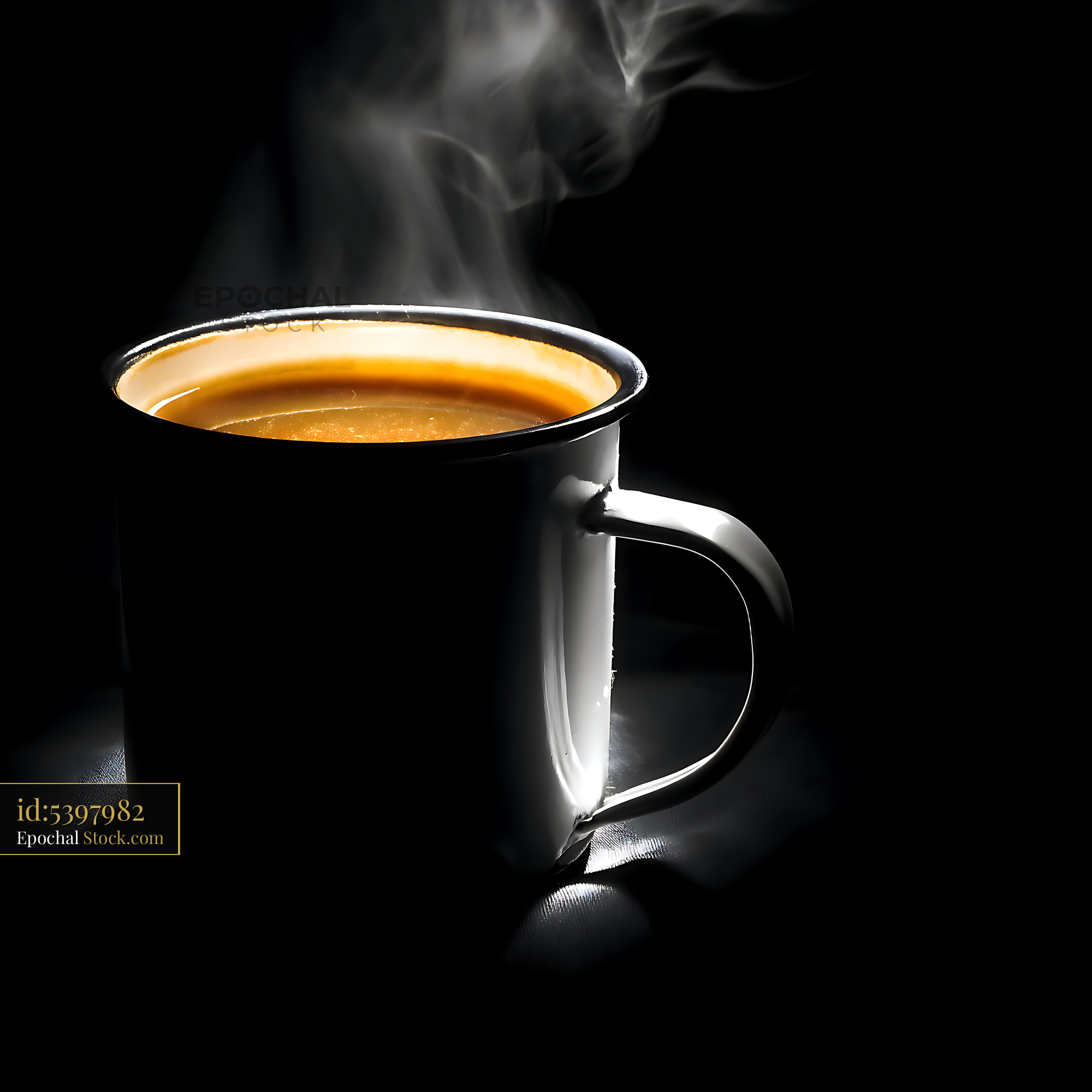 Steaming Hot Coffee in White Enamel Mug - stock photo