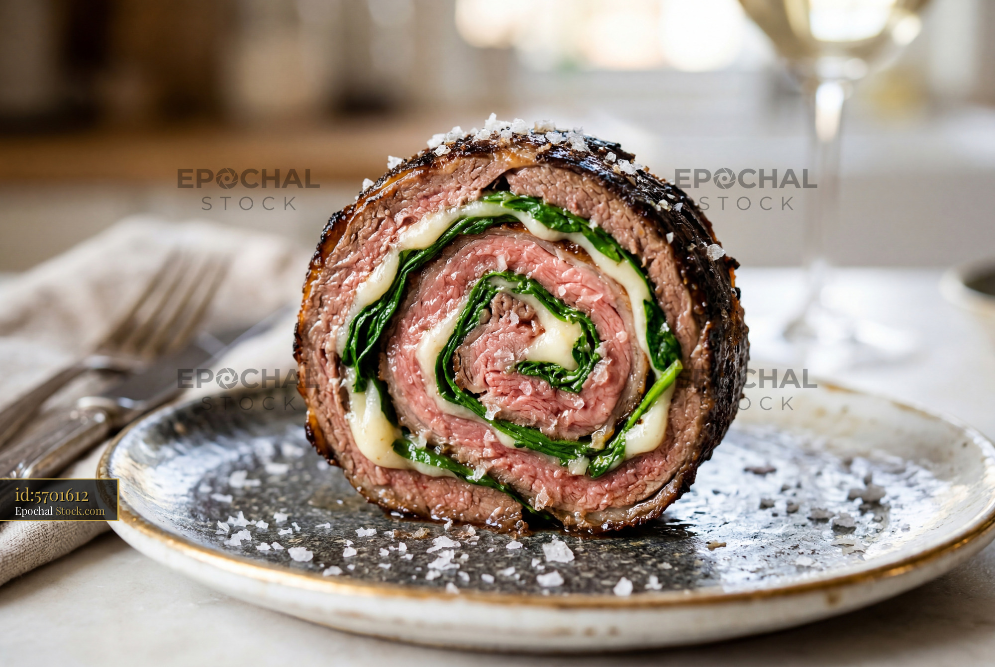 Beef Roulade Sliced Showing Pink Meat Spinach - stock photo