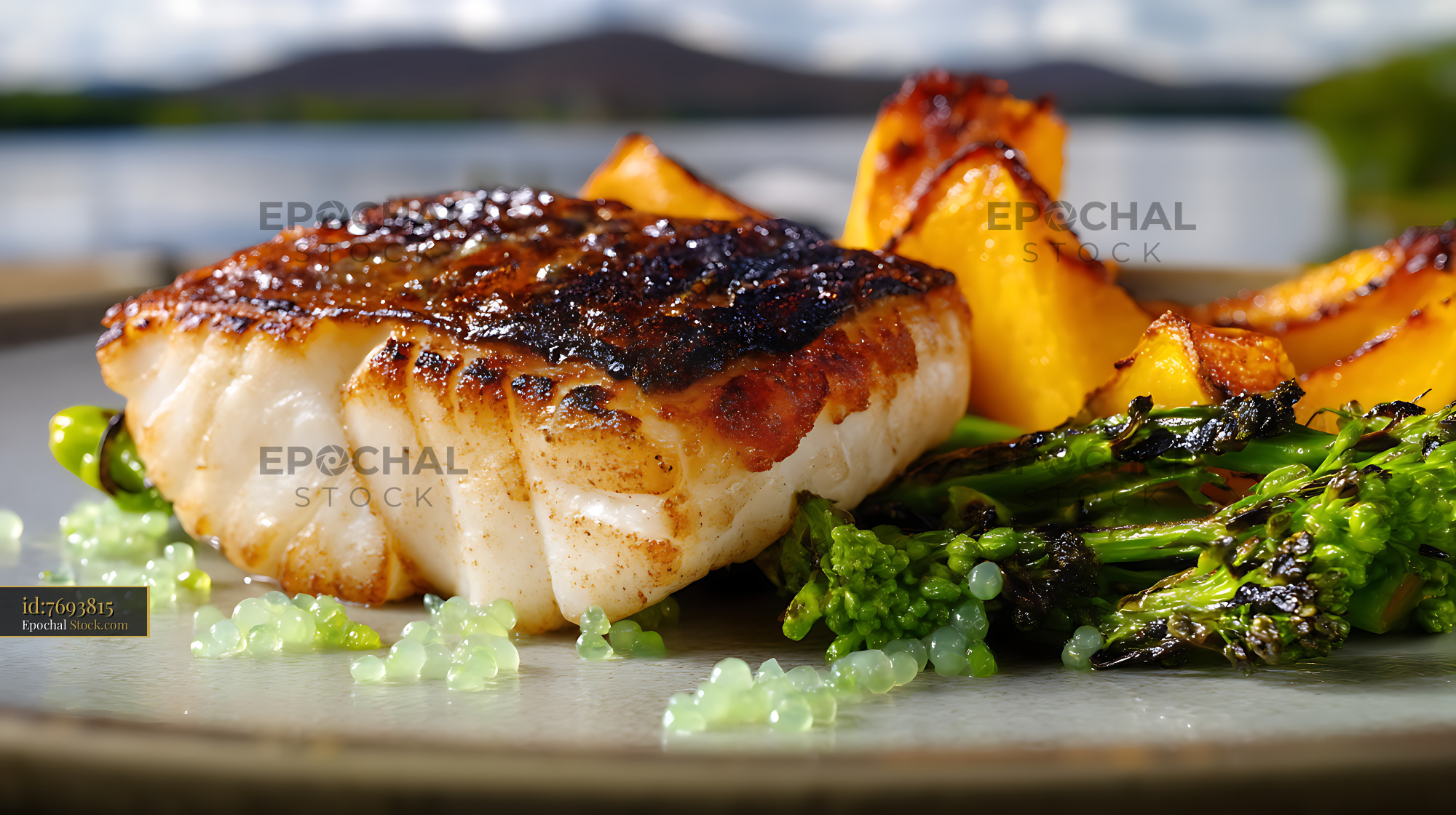 Seared Murray Cod Fillet with Roasted Potatoes - stock photo