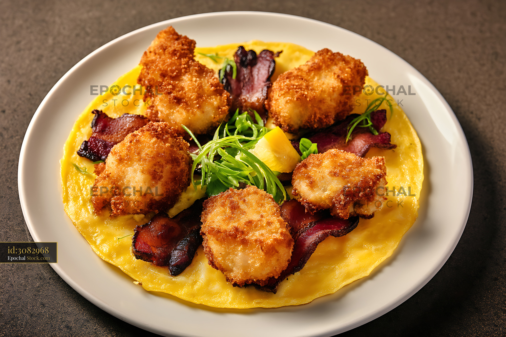 Crispy Shrimp and Bacon over Yellow Curry Sauce - stock photo