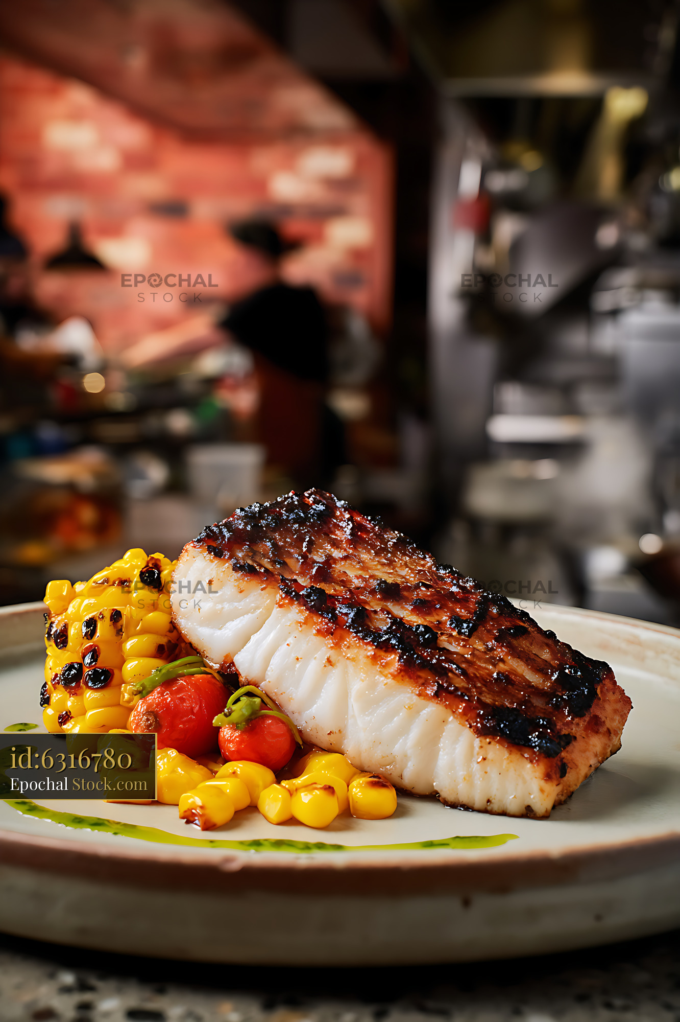 Murray Cod Fillet with Charred Corn and Tomatoes - stock photo