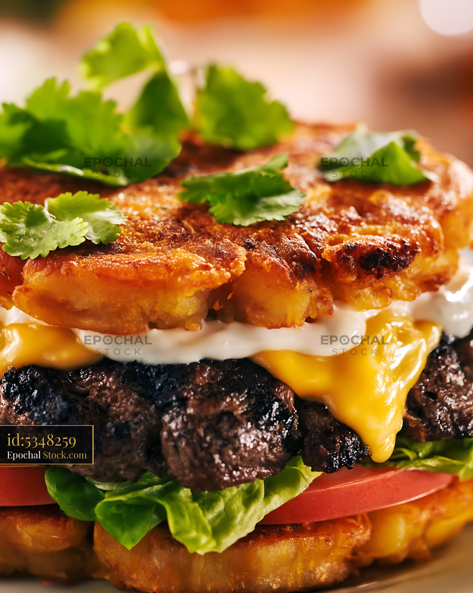 Gourmet Beef Burger with Crispy Hash Brown Topping - stock photo