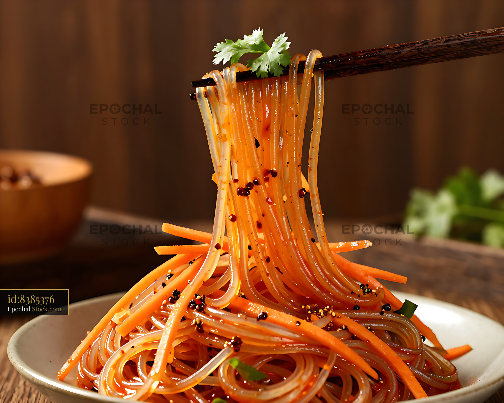 Sichuan Glass Noodle Salad Lifted on Fork - stock photo