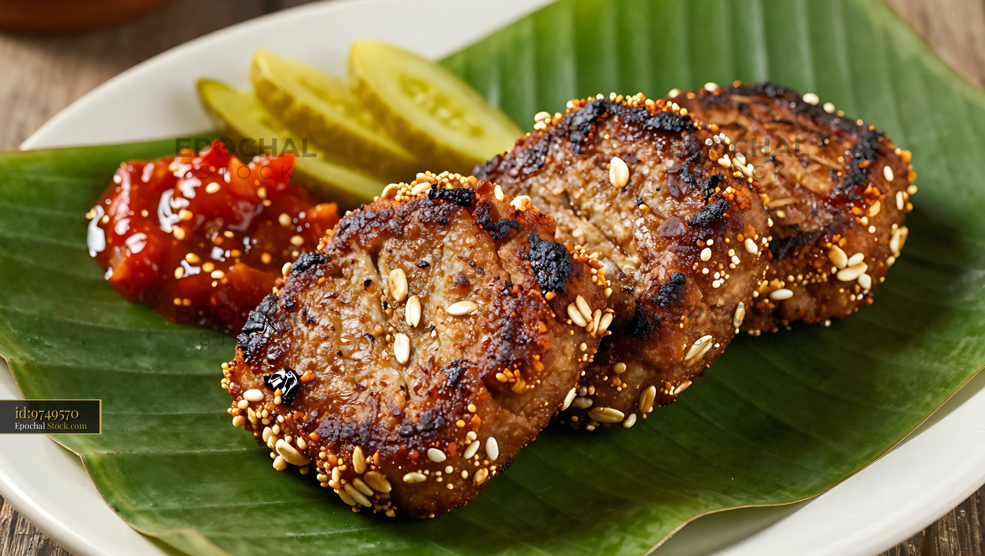 Glazed Sesame Meatballs with Pickles on Banana Leaf - stock photo