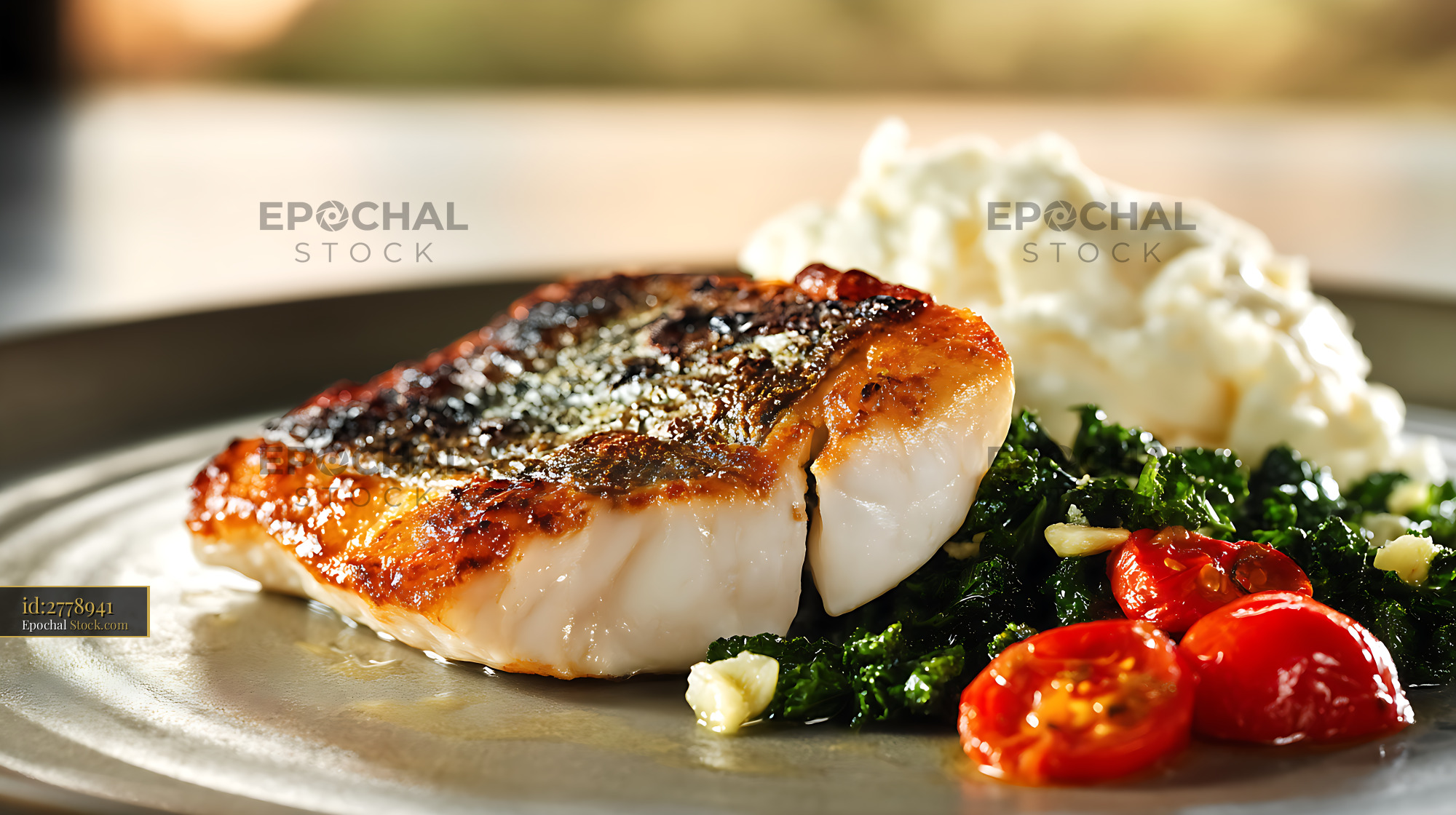 Murray Cod Fillet with Mashed Potatoes and Greens - stock photo