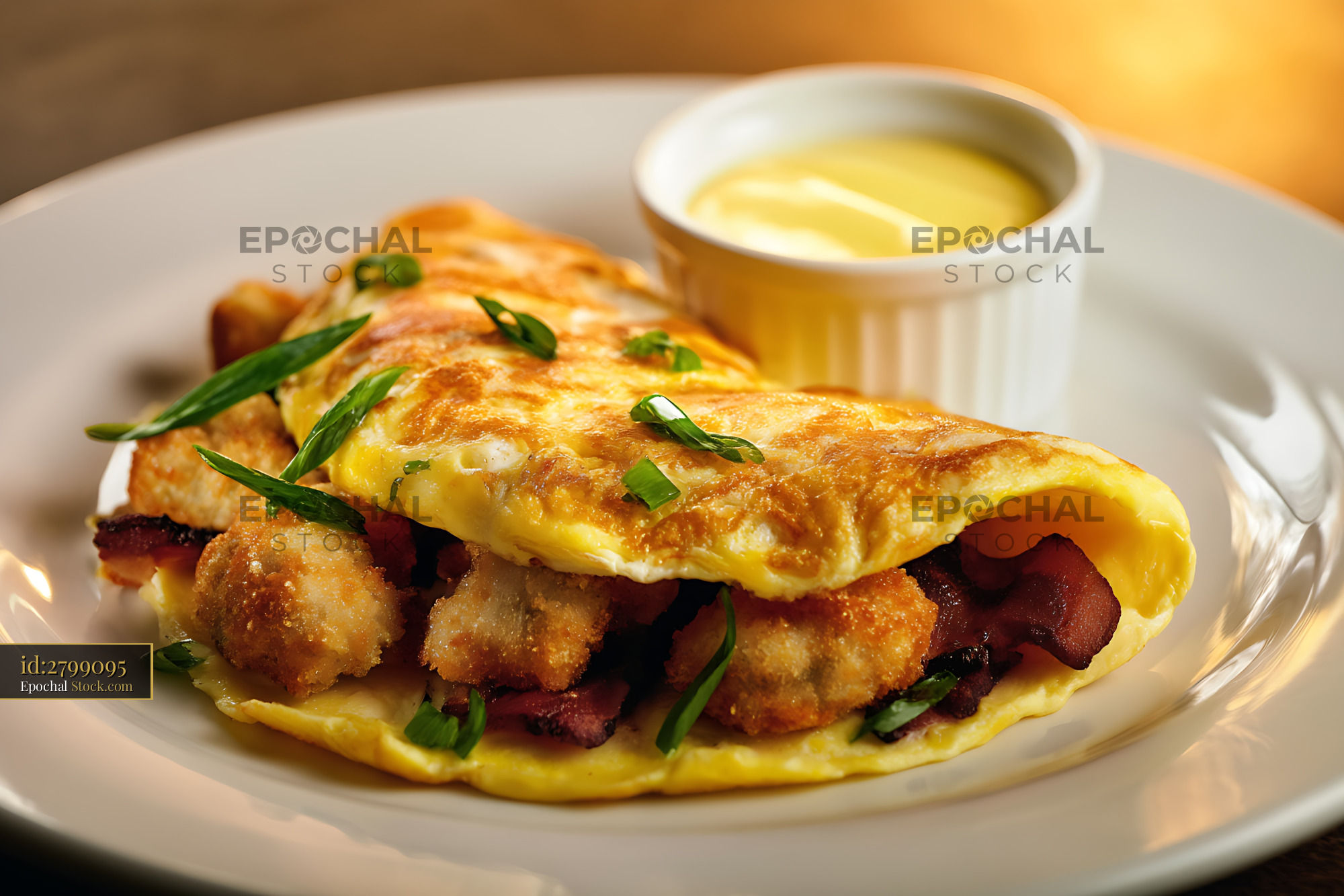 Gourmet Shrimp and Bacon Omelet with Chives - stock photo