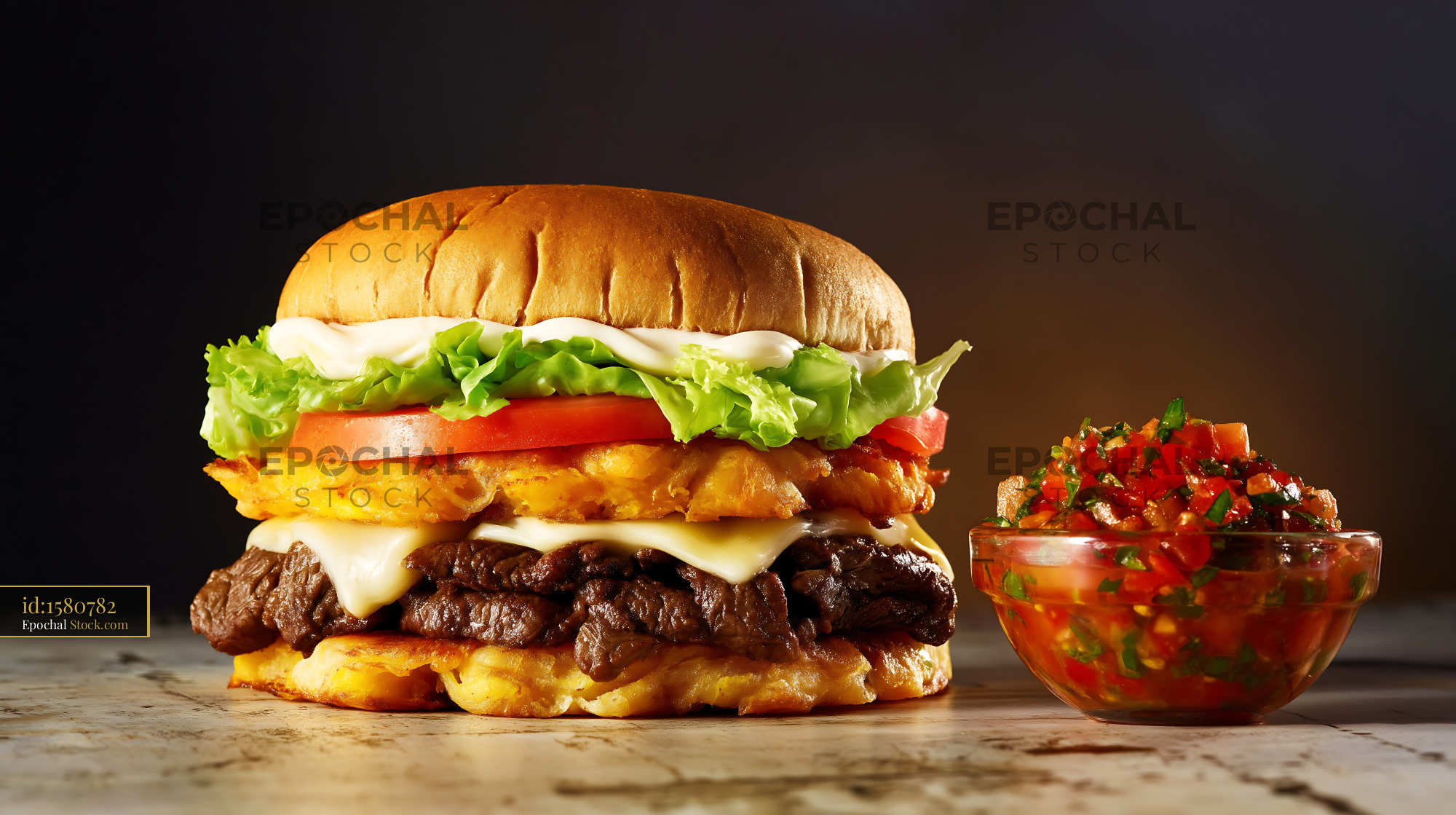 Jibarito Burger with Plantain Buns and Fresh Salsa on Rustic Wood - stock photo