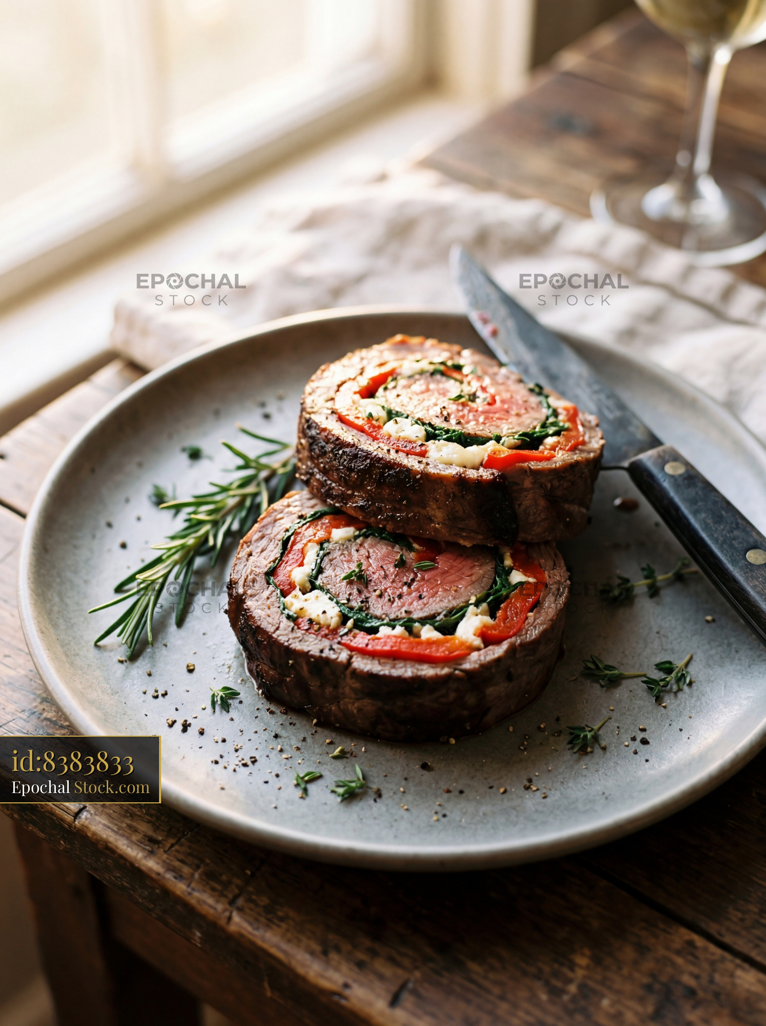 Herb-Crusted Stuffed Beef Steak Dinner - stock photo