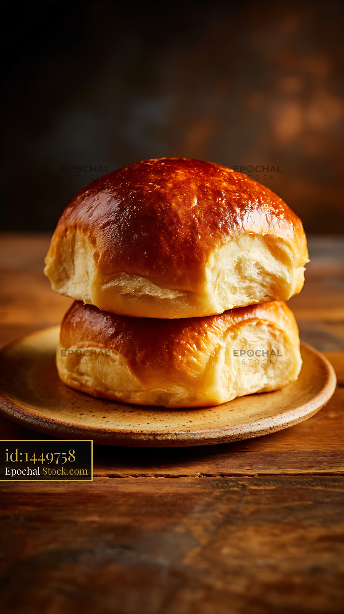 Golden Brioche Buns Stacked on Wooden Plate - stock photo