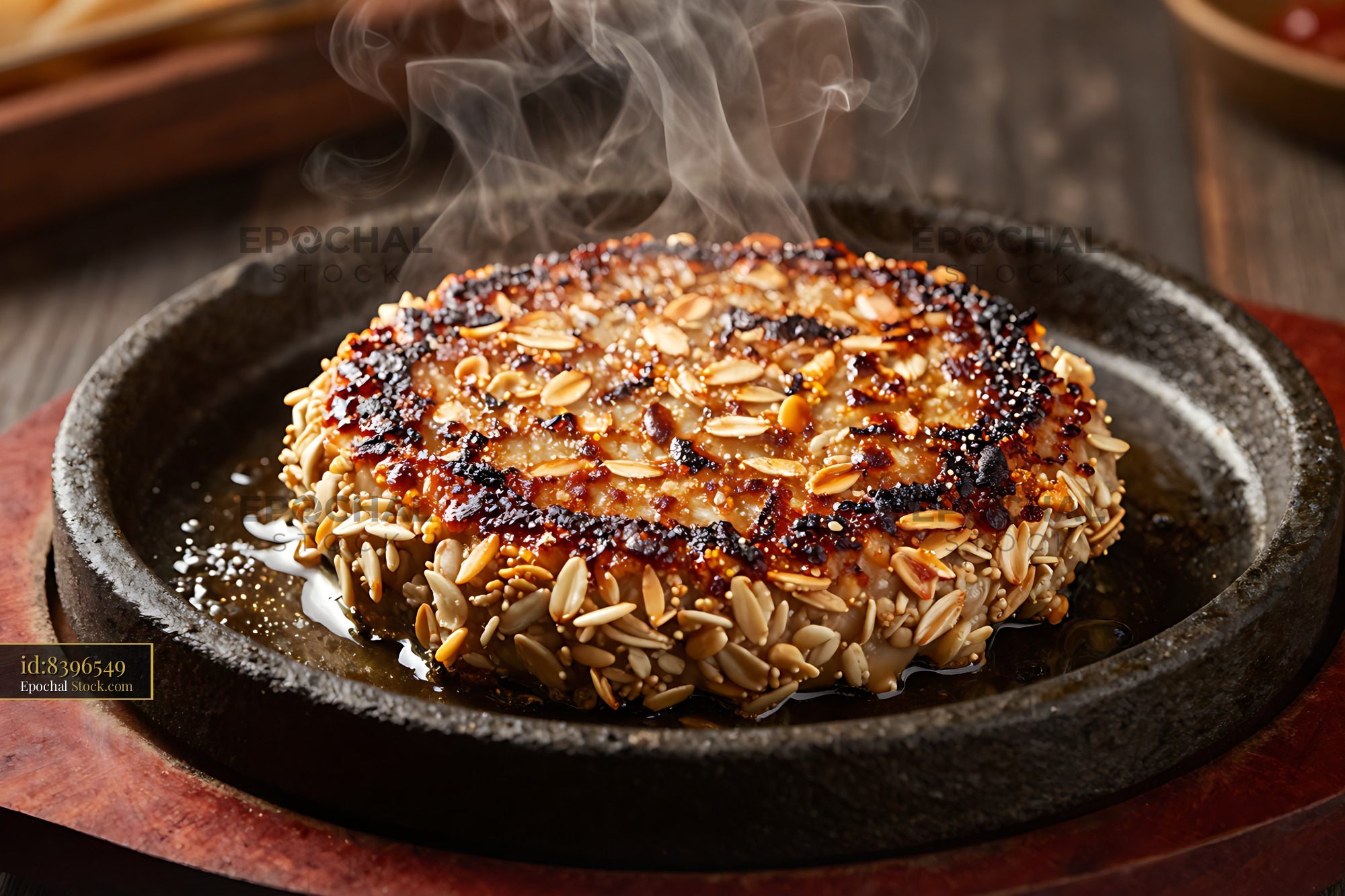 Goetta Seared Sausage Patty with Almonds Sizzling Hot on Cast Iron - stock photo