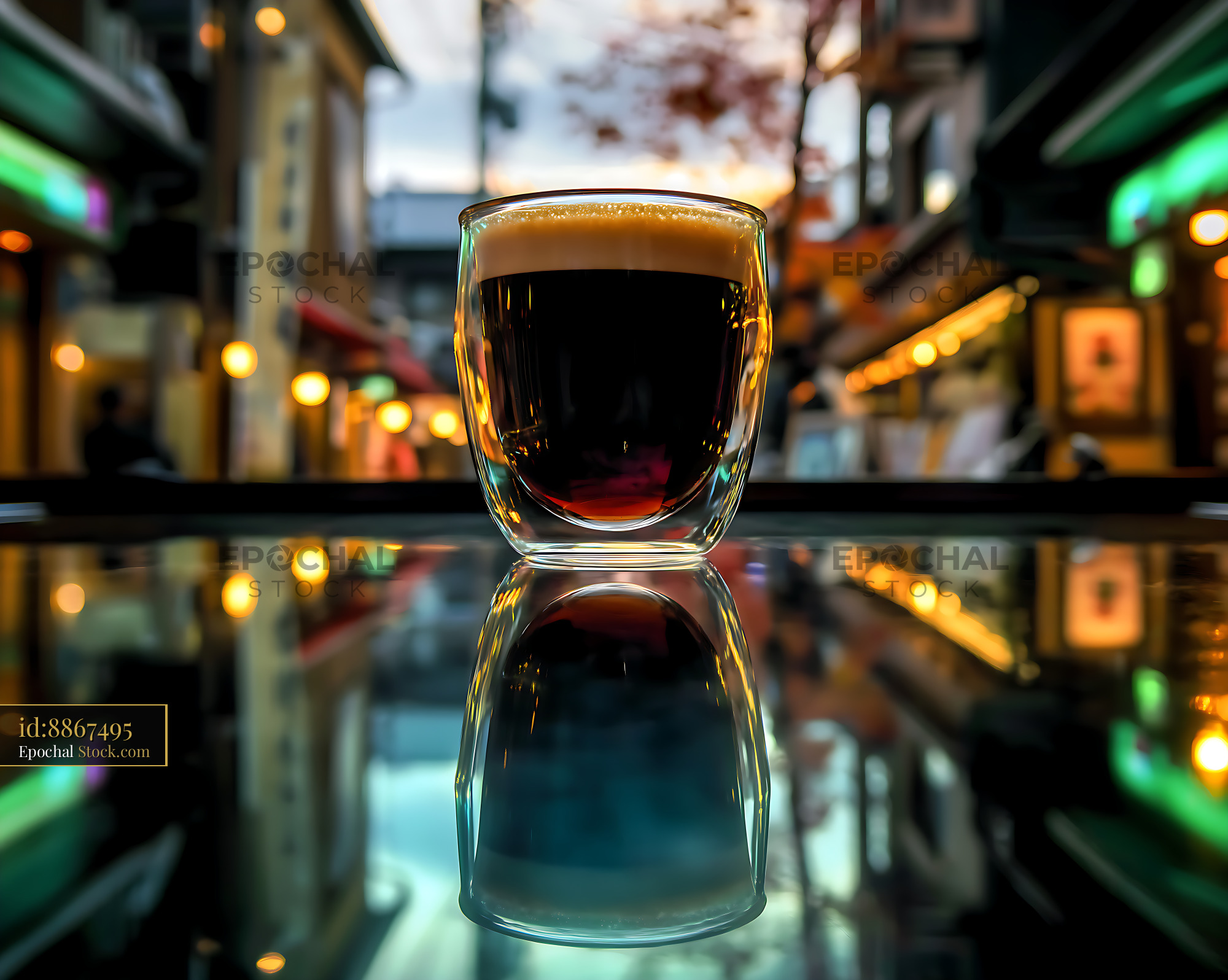 Coffee in Double Wall Glass Urban Evening Scene - stock photo