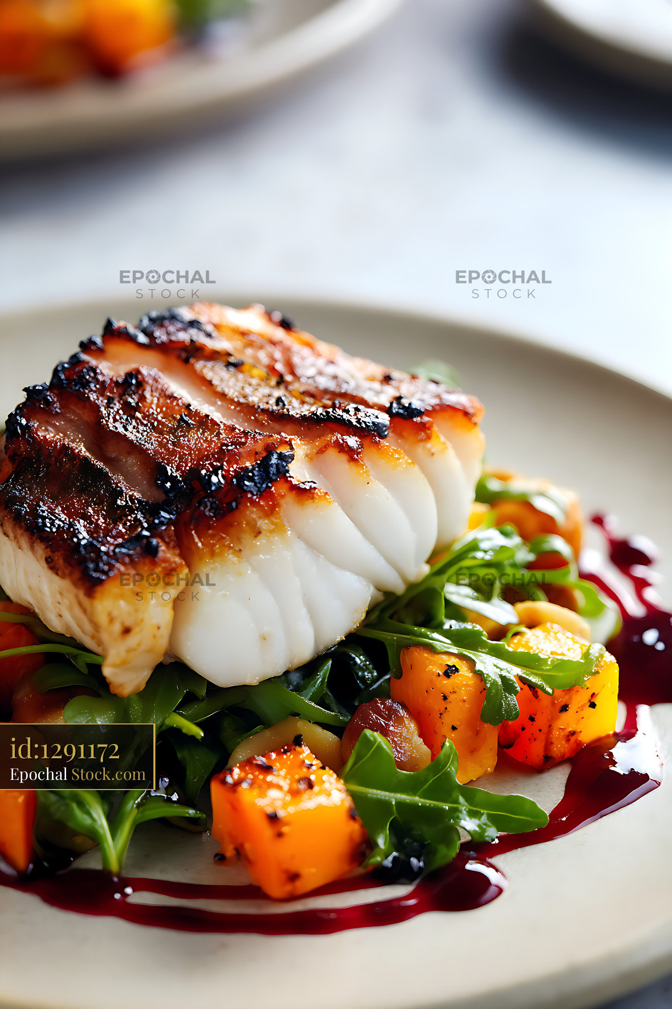 Seared Scallop with Roasted Vegetables & Microgreens - stock photo