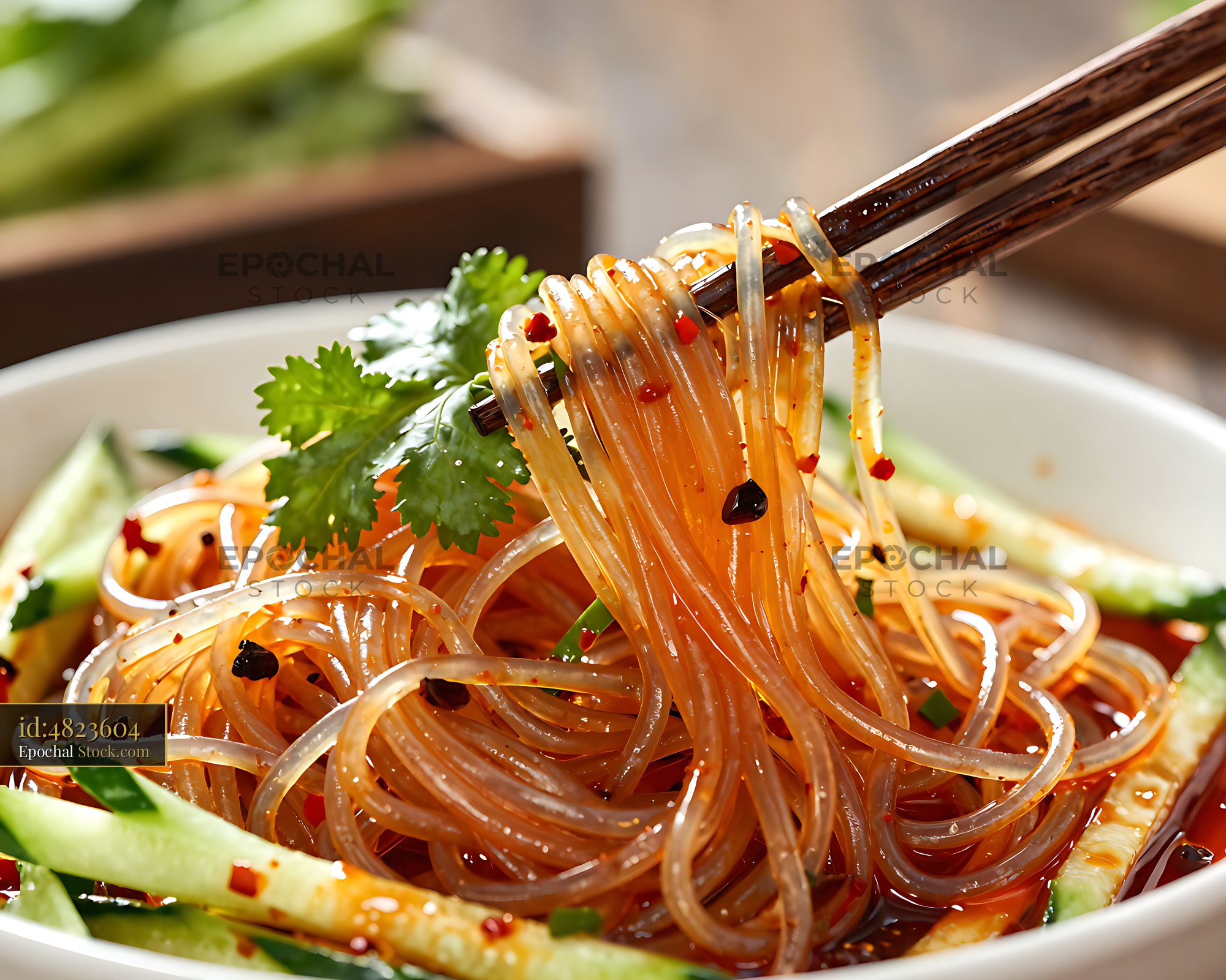 Sichuan Glass Noodle Salad with Chopsticks - stock photo