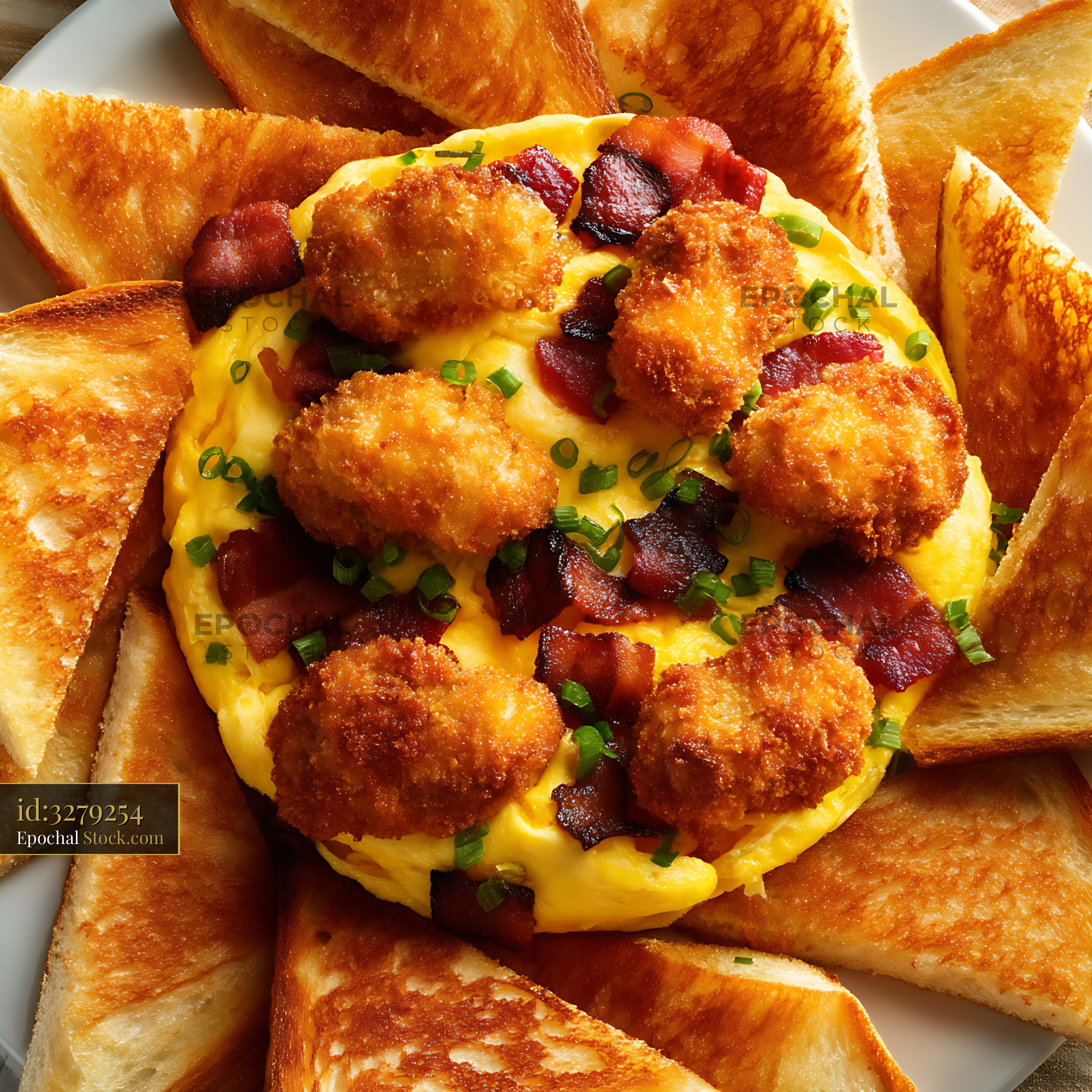 Bacon Fried Mozzarella Omelet with Buttered Toast - stock photo