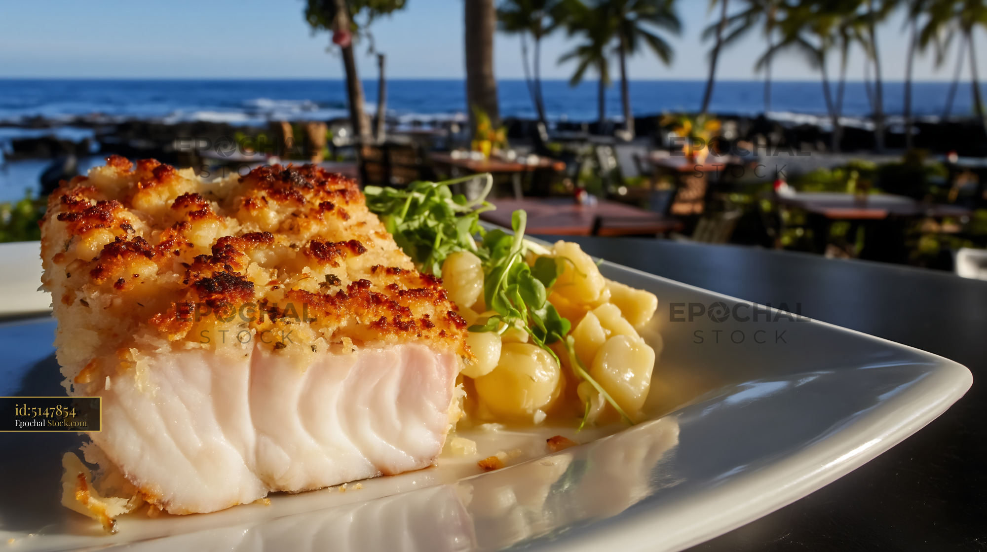 Pan-Seared Fish with Corn, Oceanside Dining - stock photo