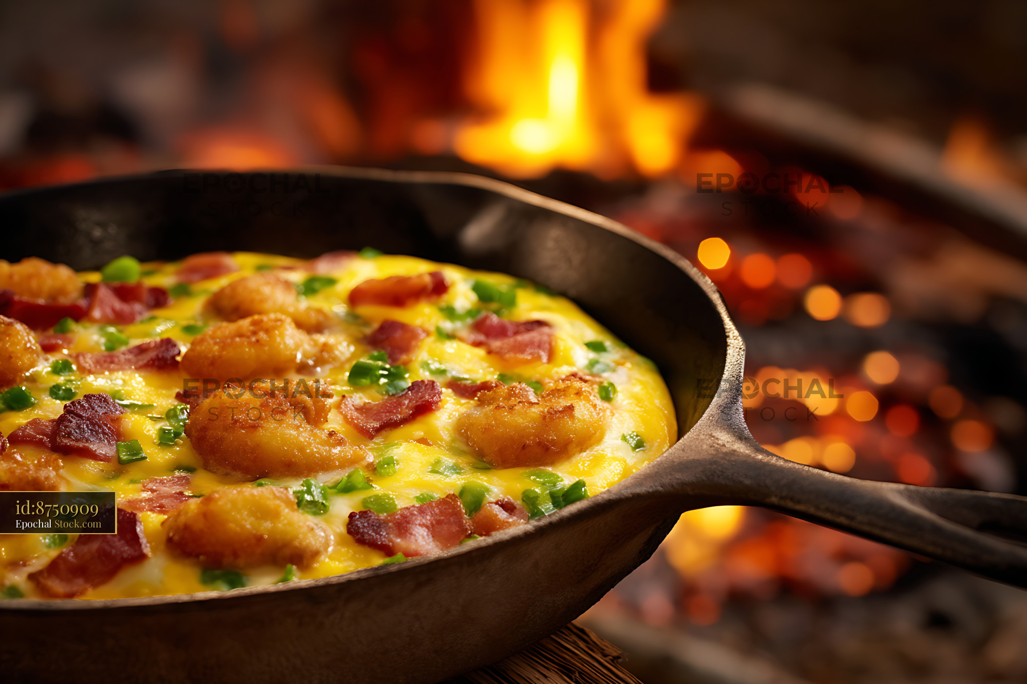 Campfire Skillet Shrimp and Bacon Omelette - stock photo