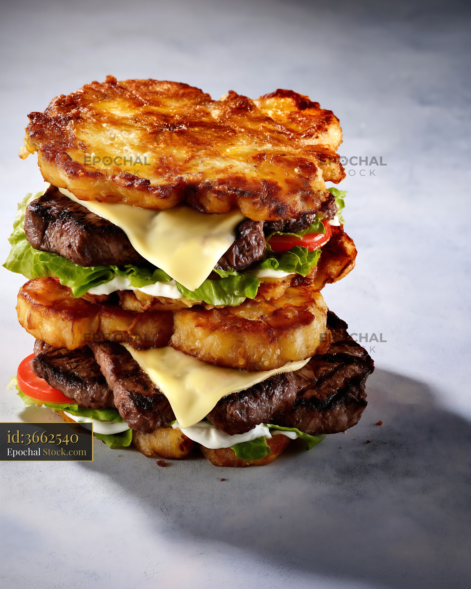 Gourmet Beef Burger with Hash Brown Buns - stock photo