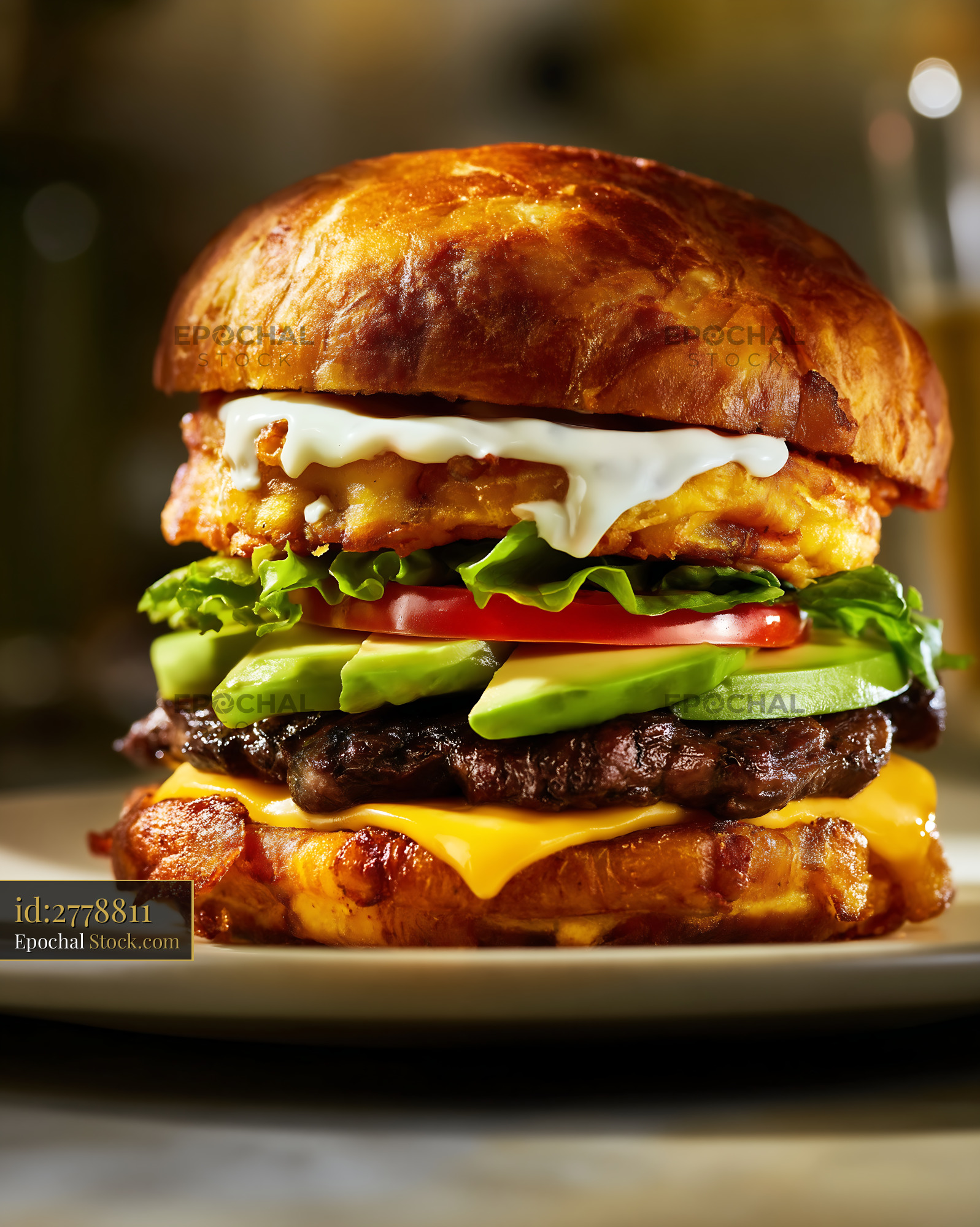 Artisan Jibarito Burger with Crispy Fried Chicken and Fresh Avocado - stock photo