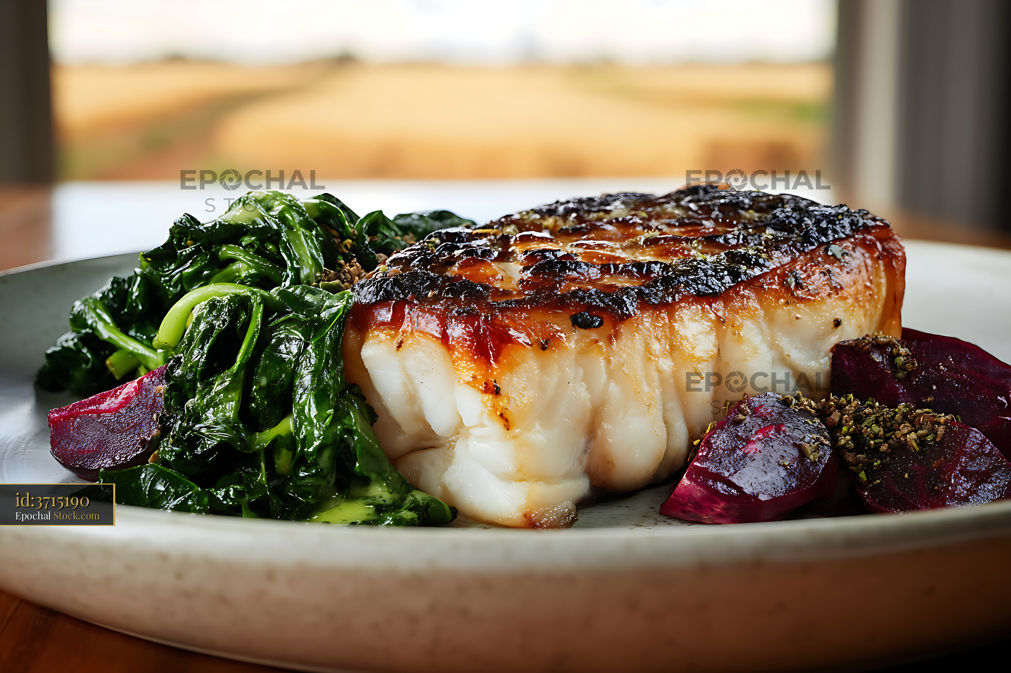 Seared Murray Cod Fillet with Spinach and Beets - stock photo