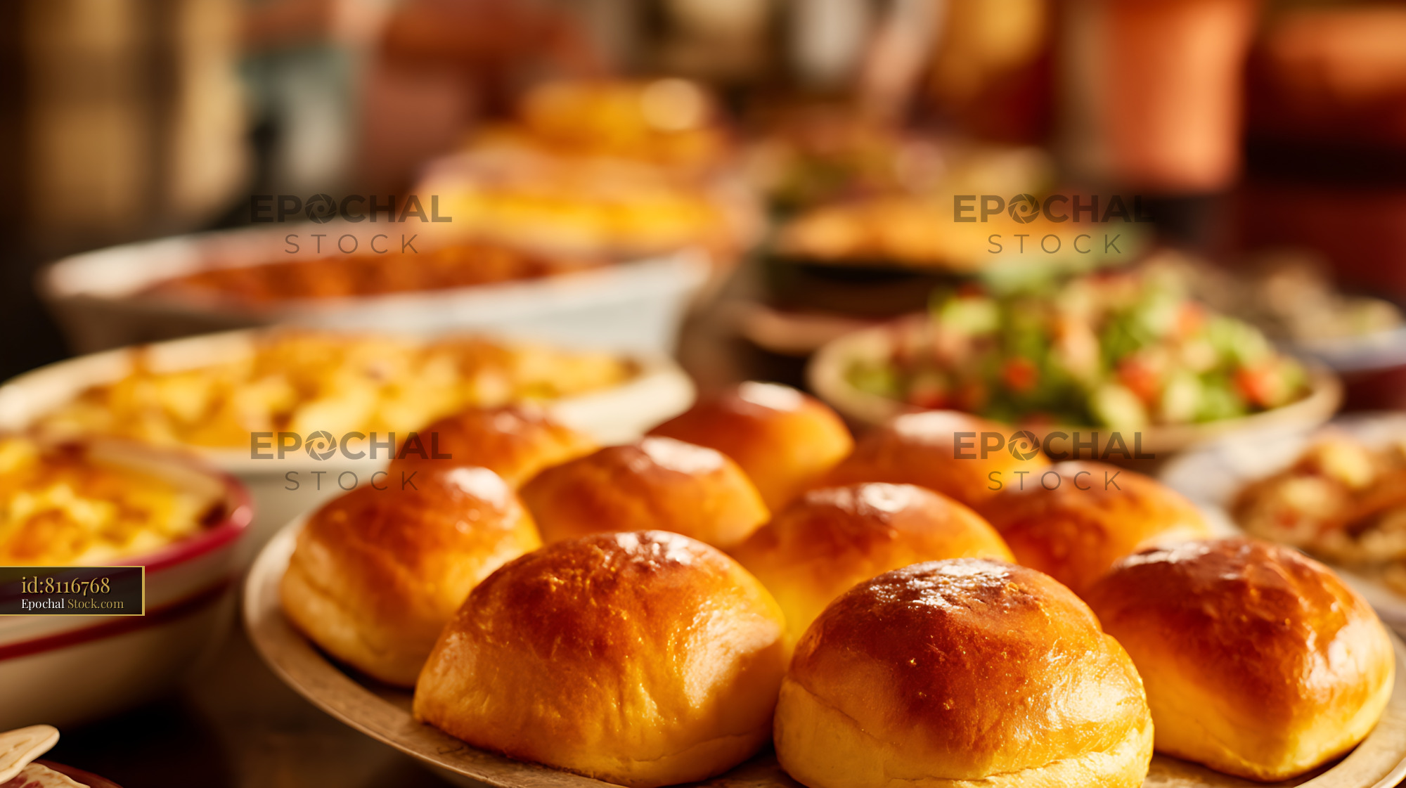 Golden Bread Rolls at Family Dining Table - stock photo