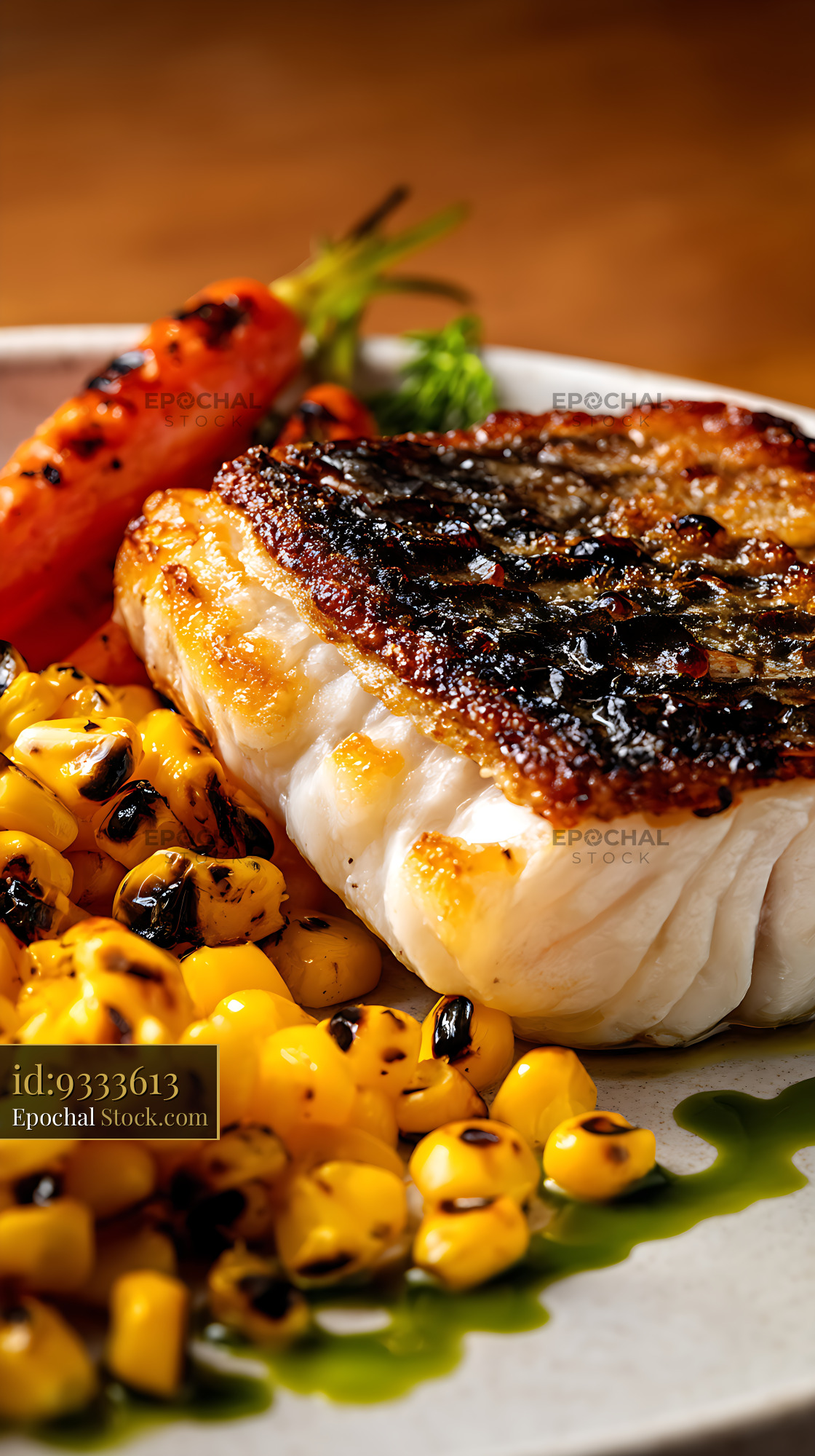 Murray Cod Fillet Seared with Charred Corn - stock photo