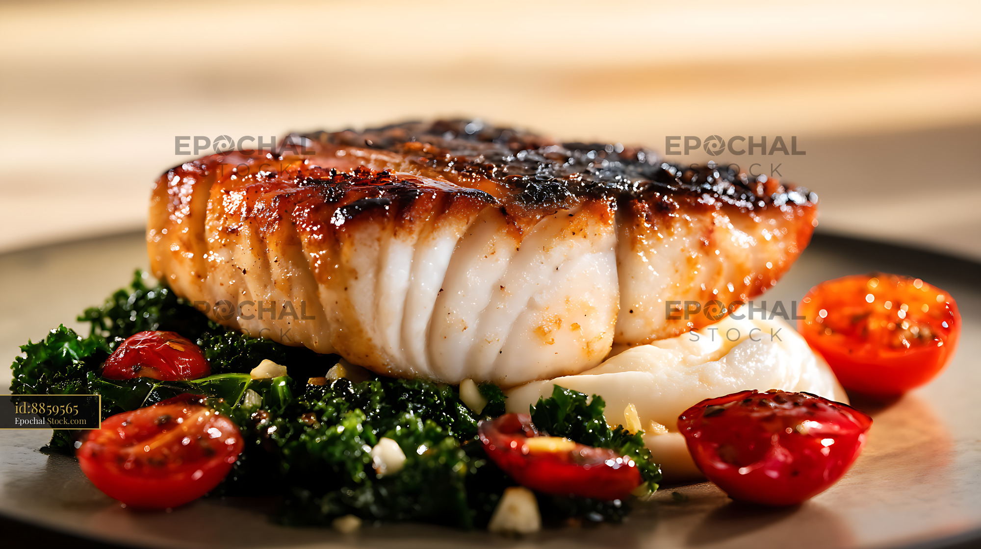 Seared Murray Cod Fillet with Kale and Tomatoes - stock photo