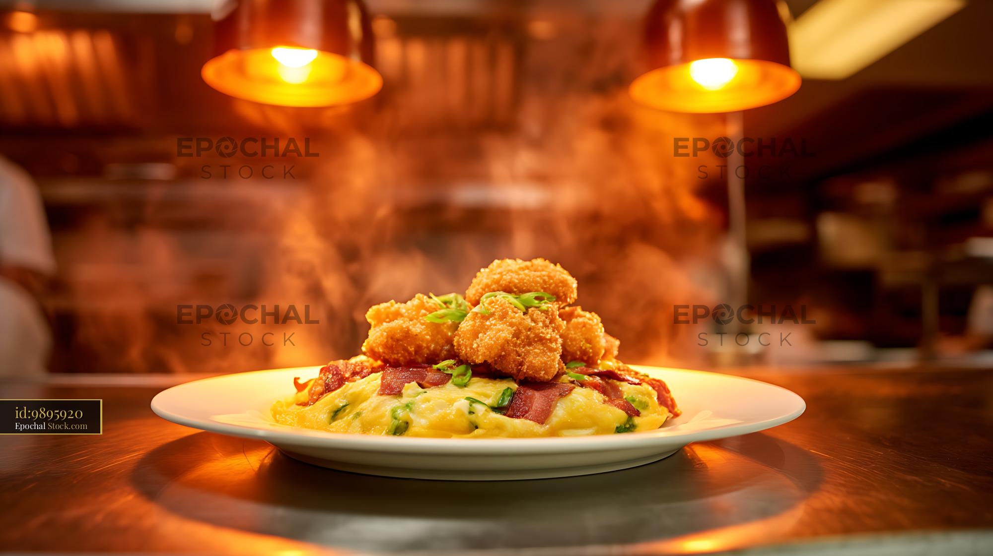 Fried Shrimp with Creamed Potatoes and Bacon - stock photo