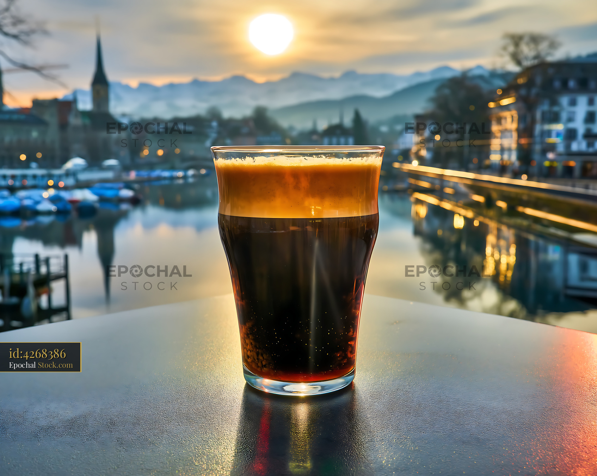 Nitro Caramel Coffee with Alpine Mountain View - stock photo