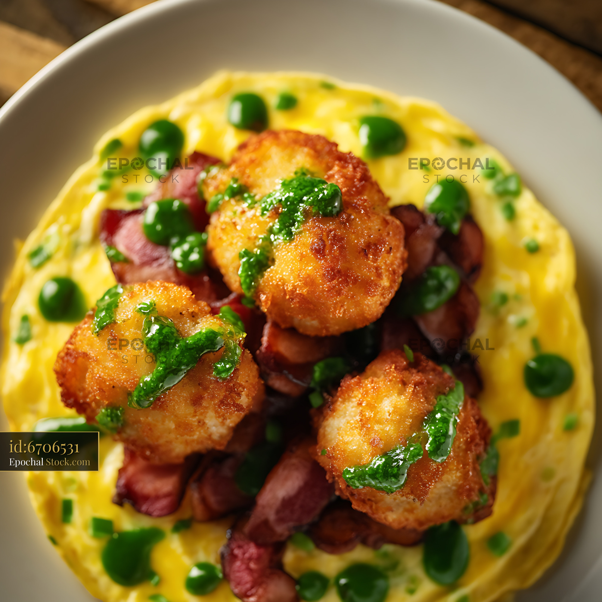 Gourmet Shrimp and Bacon Omelet with Peas - stock photo