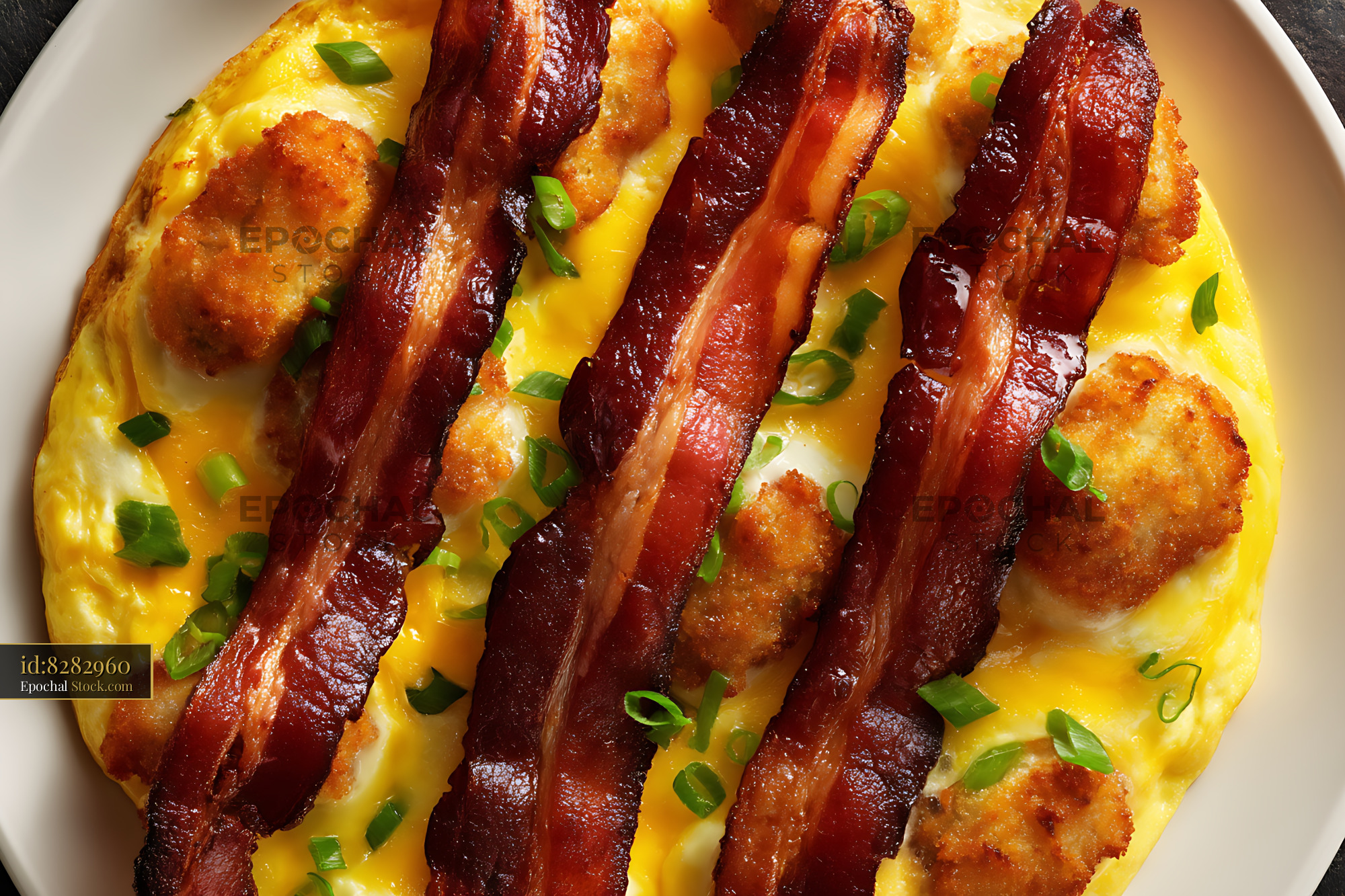 Crispy Bacon Omelette with Hash Browns Plate - stock photo