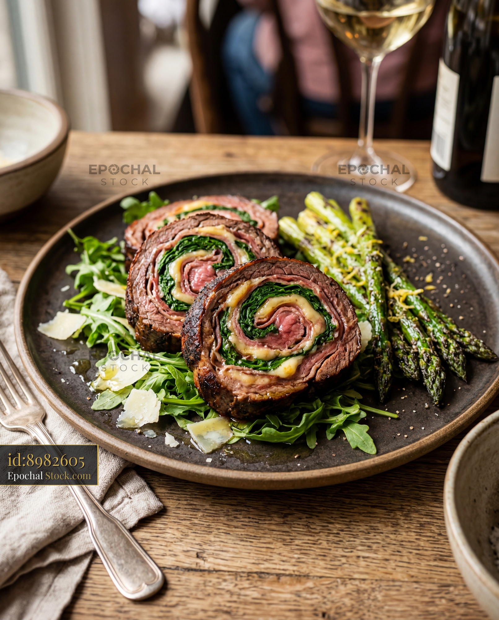 Beef Roulade with Spinach, Asparagus & Wine - stock photo