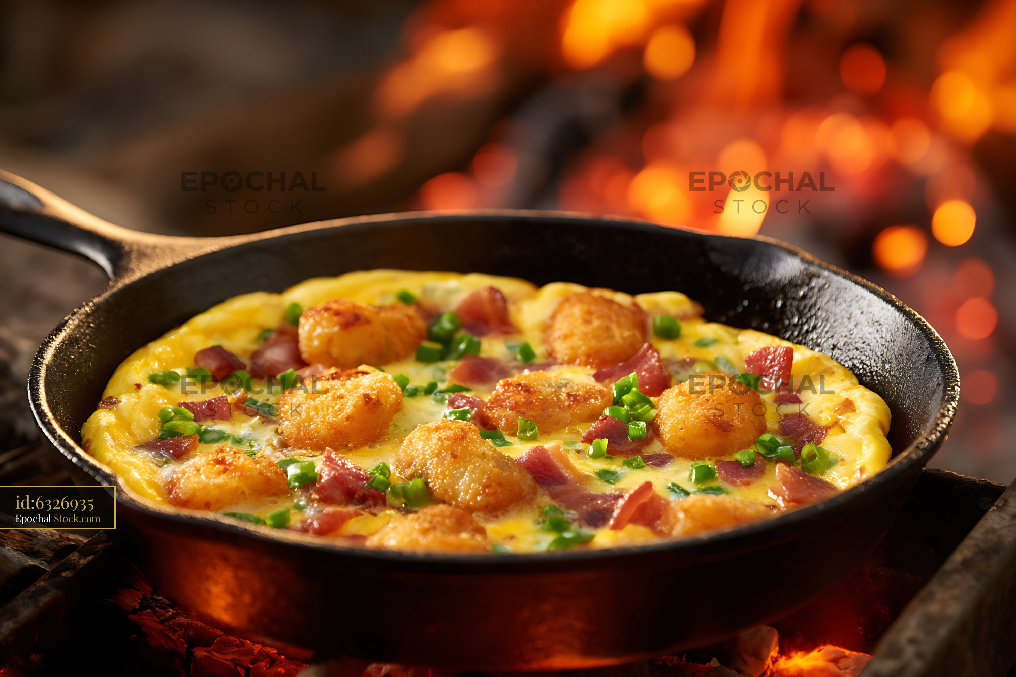 Campfire Bacon Cheese Omelet Sizzling Pan - stock photo