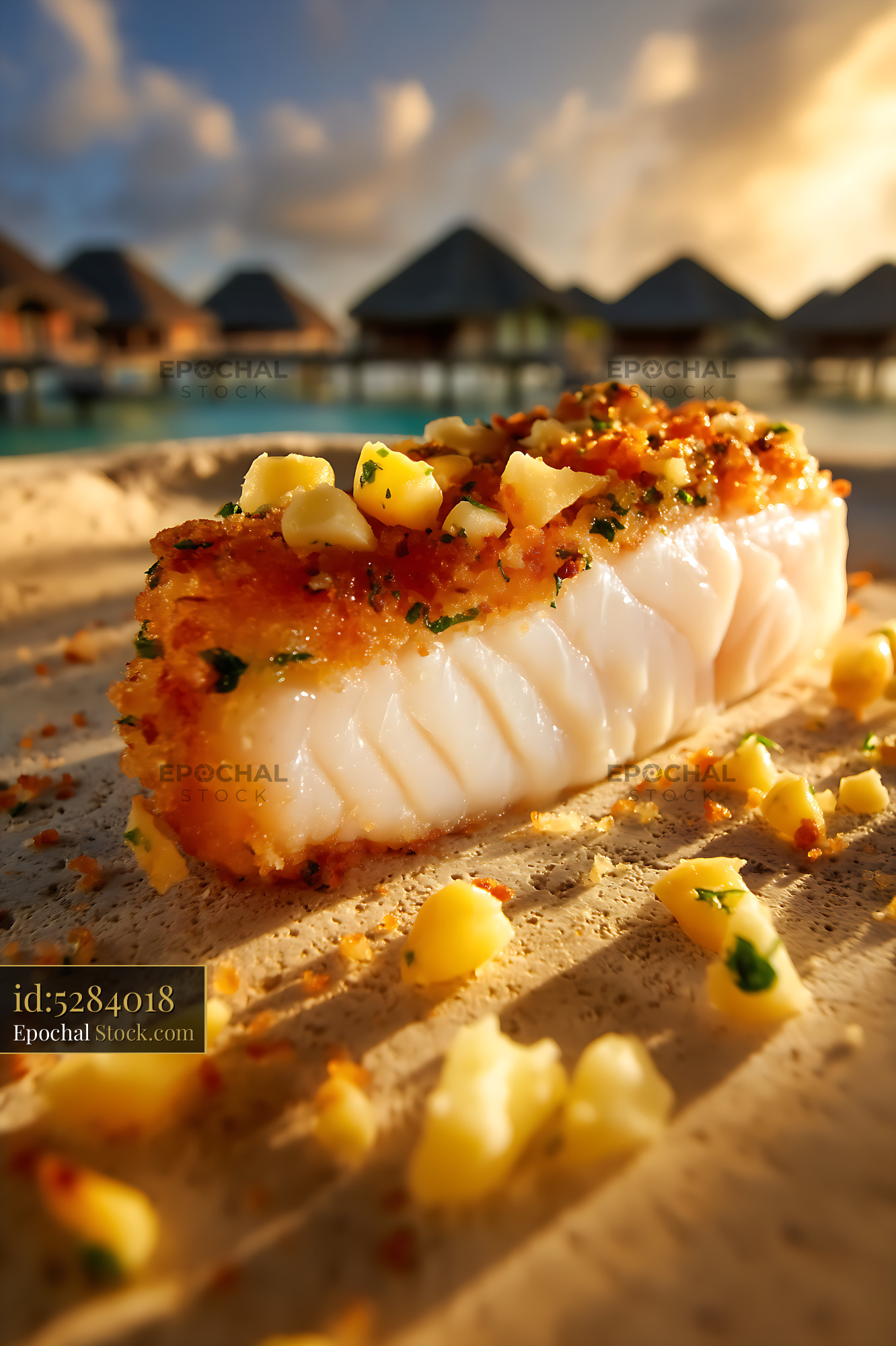 Gourmet Seared Fish with Pineapple at Resort - stock photo