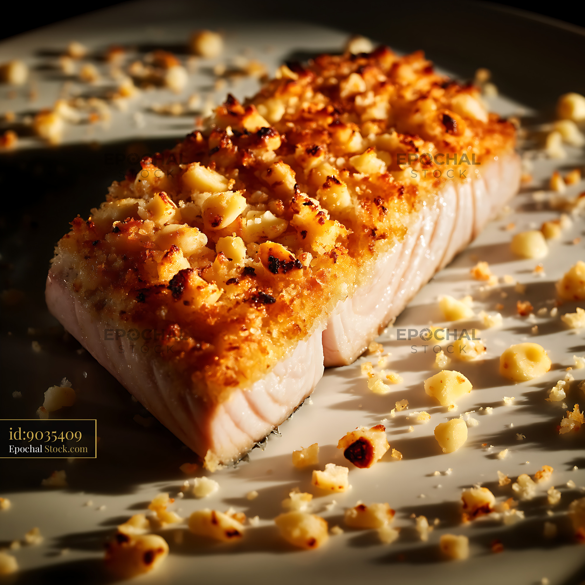 Macadamia Crusted Fish Fillet on Cream Plate - stock photo