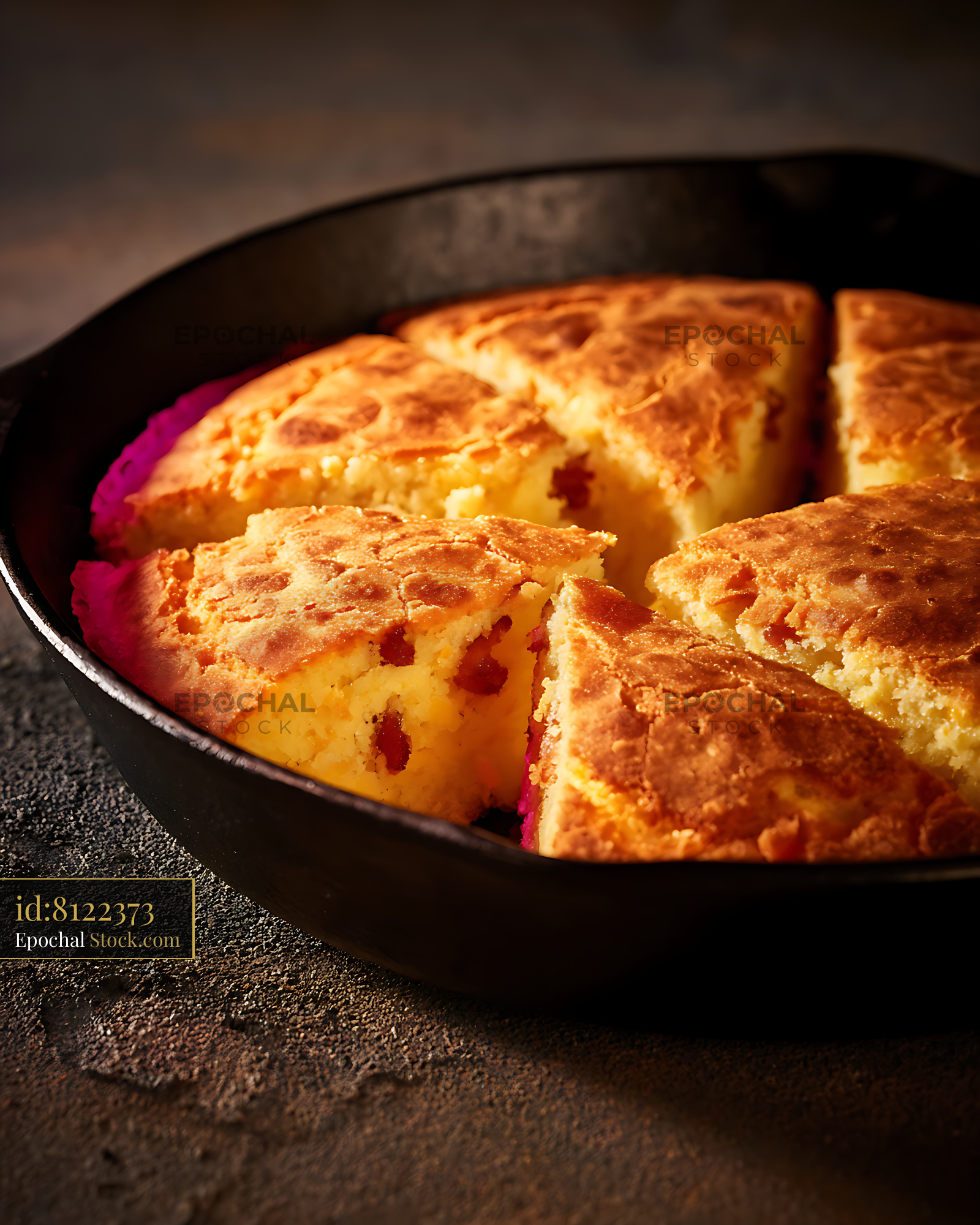 Cherry Skillet Cake Sliced and Served Warm - stock photo