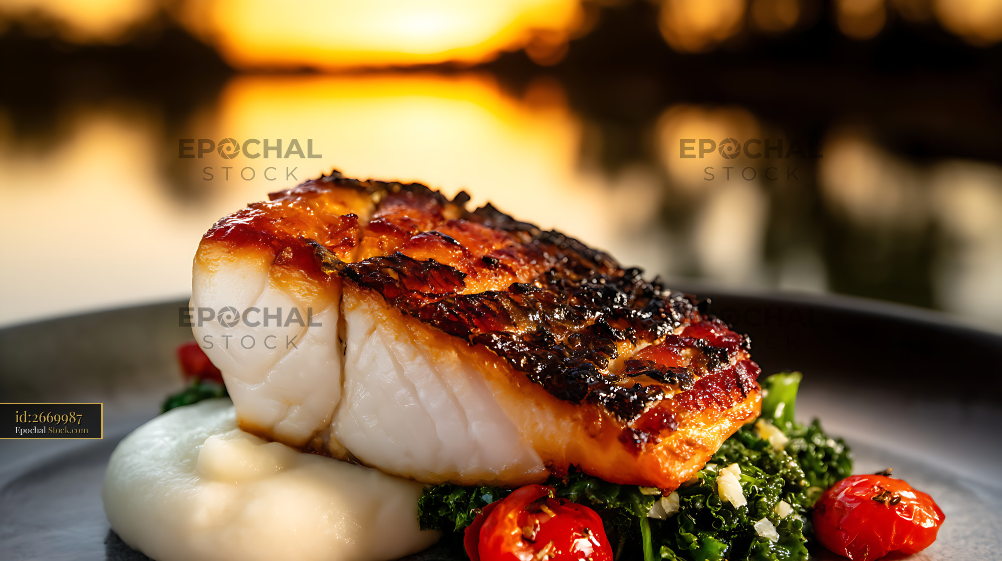 Murray Cod Fillet Seared with Herbs and Vegetables - stock photo