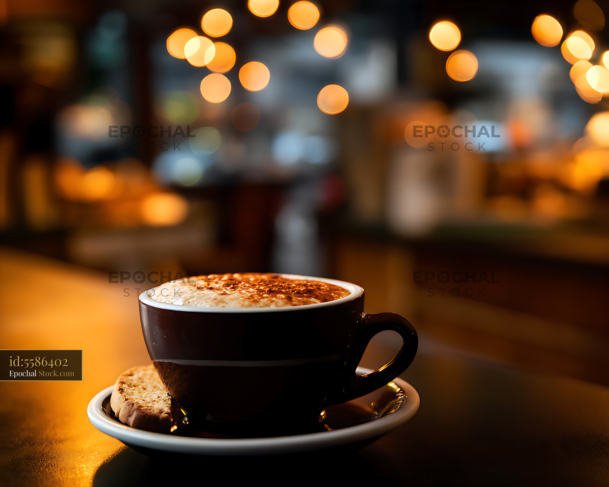 Cappuccino with Cocoa Powder in Cozy Cafe Setting - stock photo