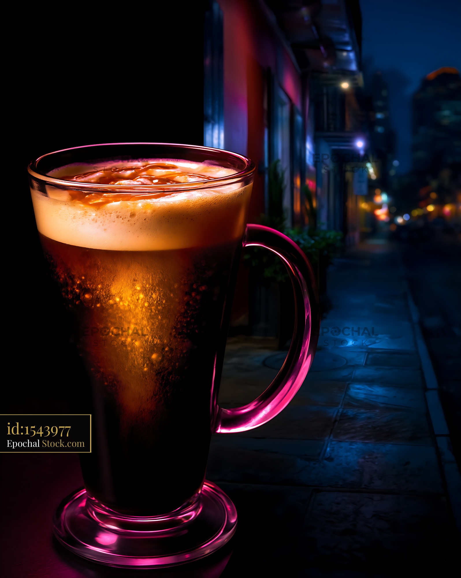 Nitro Caramel Coffee Glowing in Urban Night - stock photo
