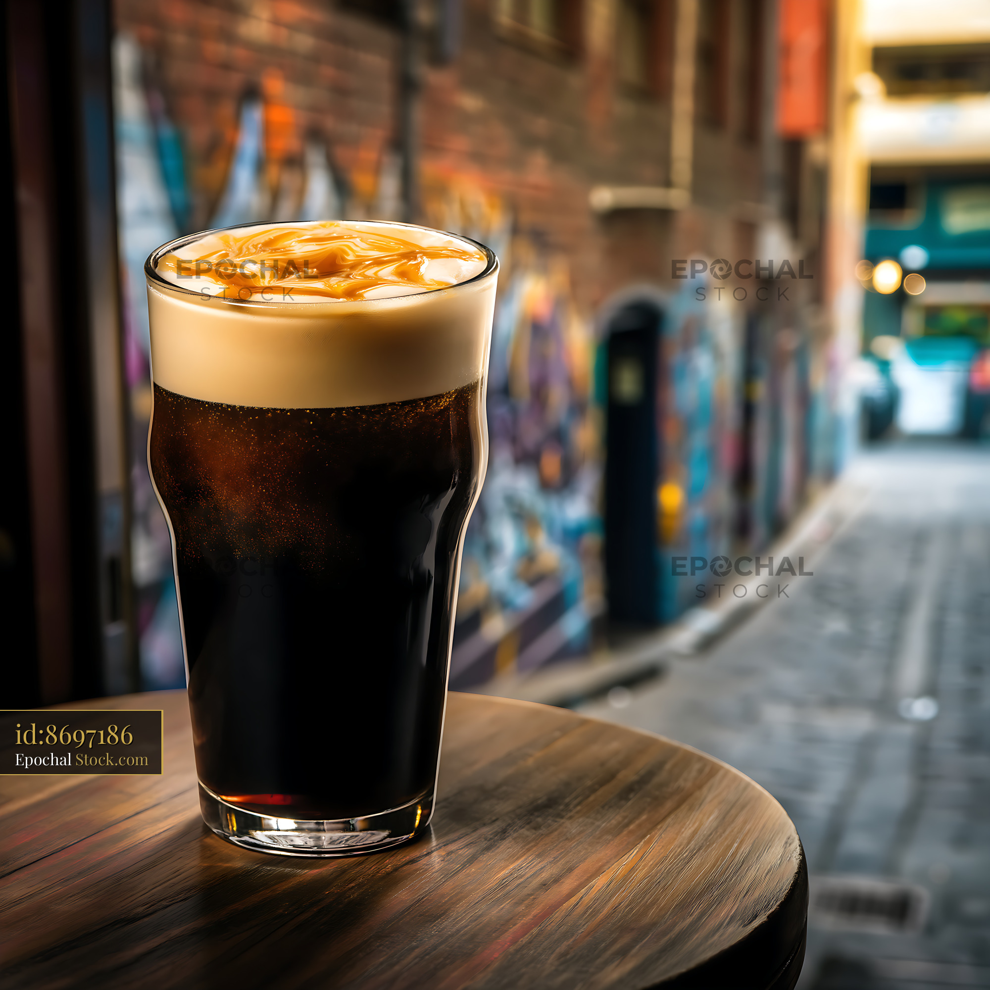 Nitro Caramel Coffee with Foam in Urban Cafe - stock photo