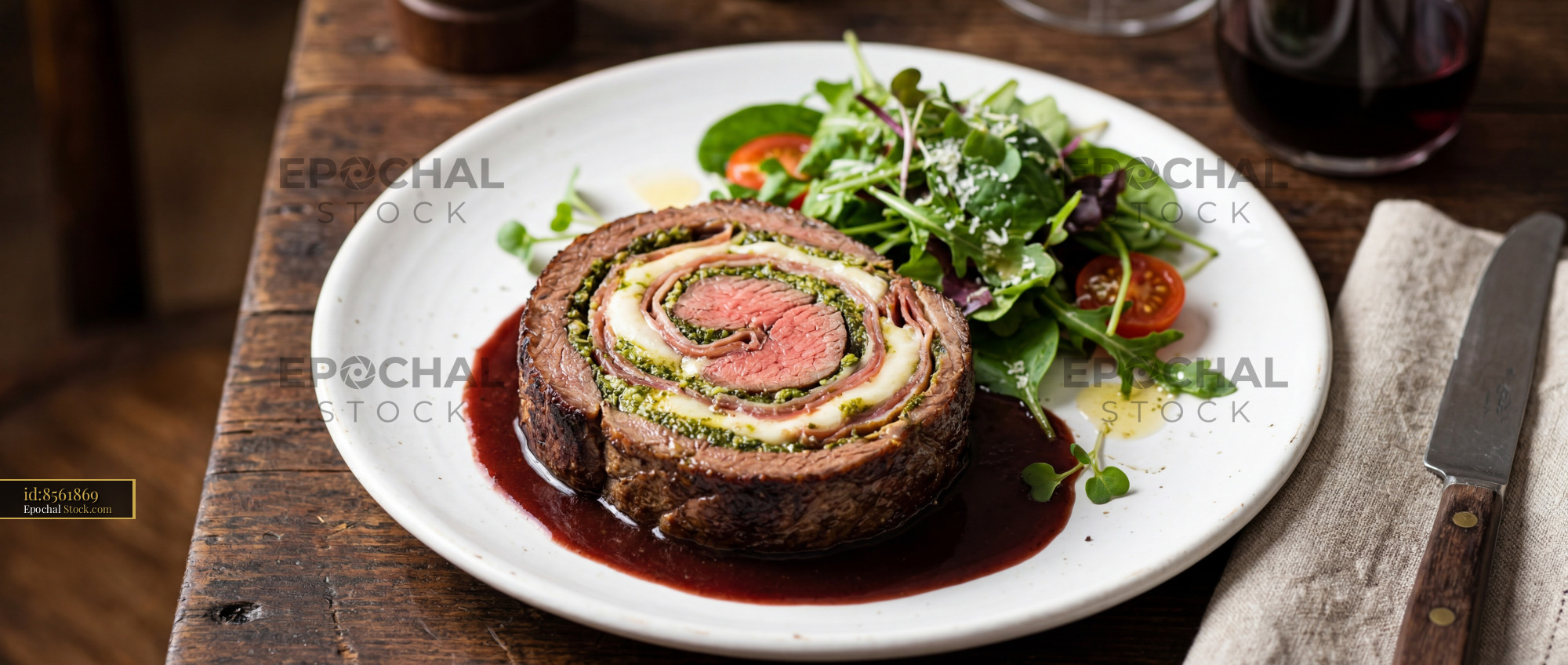 Beef Roulade with Herb Filling and Red Wine Sauce - stock photo