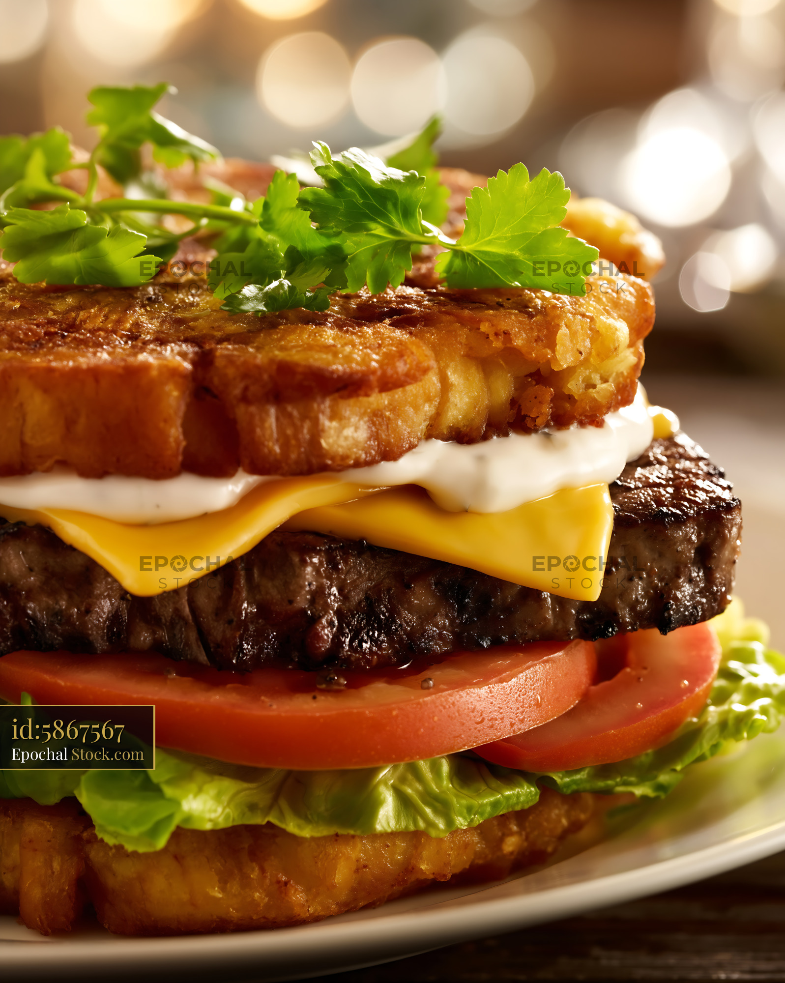 Gourmet Beef Burger with Melted Cheese on Toast - stock photo