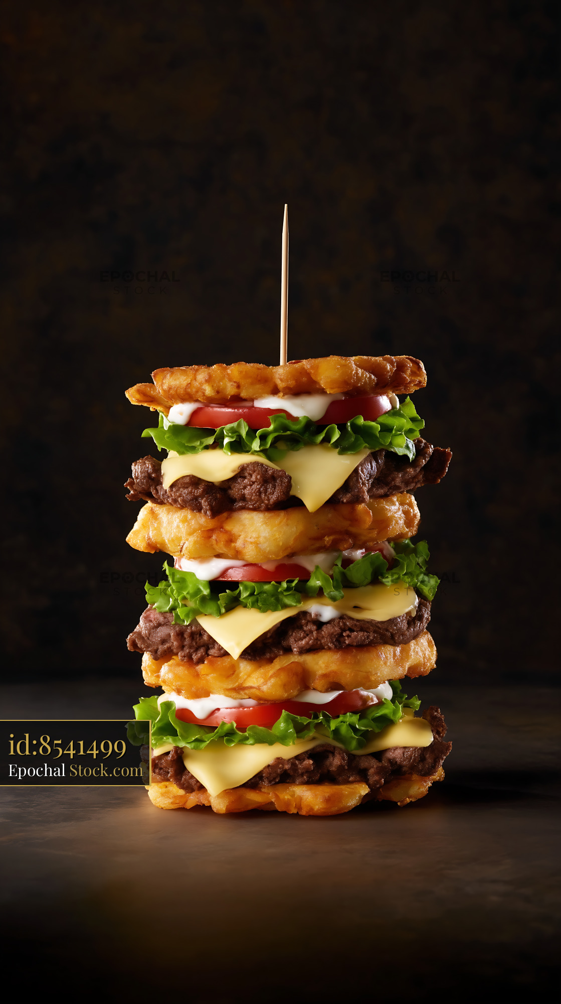 Towering Waffle Fry Burger with Cheese and Greens - stock photo