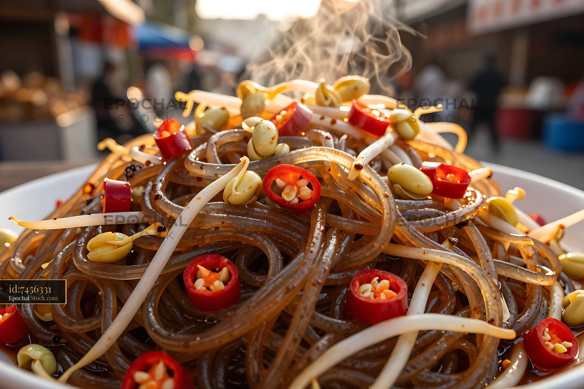 Steaming Spicy Noodles with Fresh Red Chili - stock photo