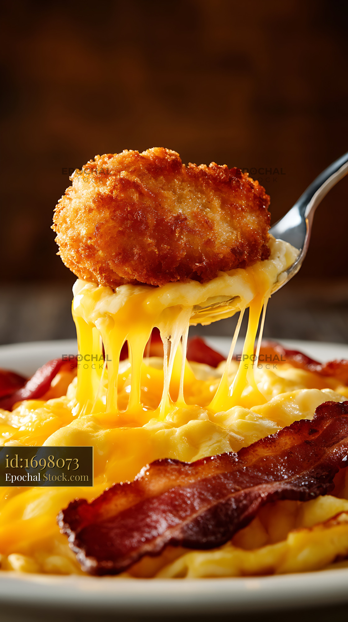 Crispy Fried Croquette Dripping Melted Cheese Over Bacon - stock photo