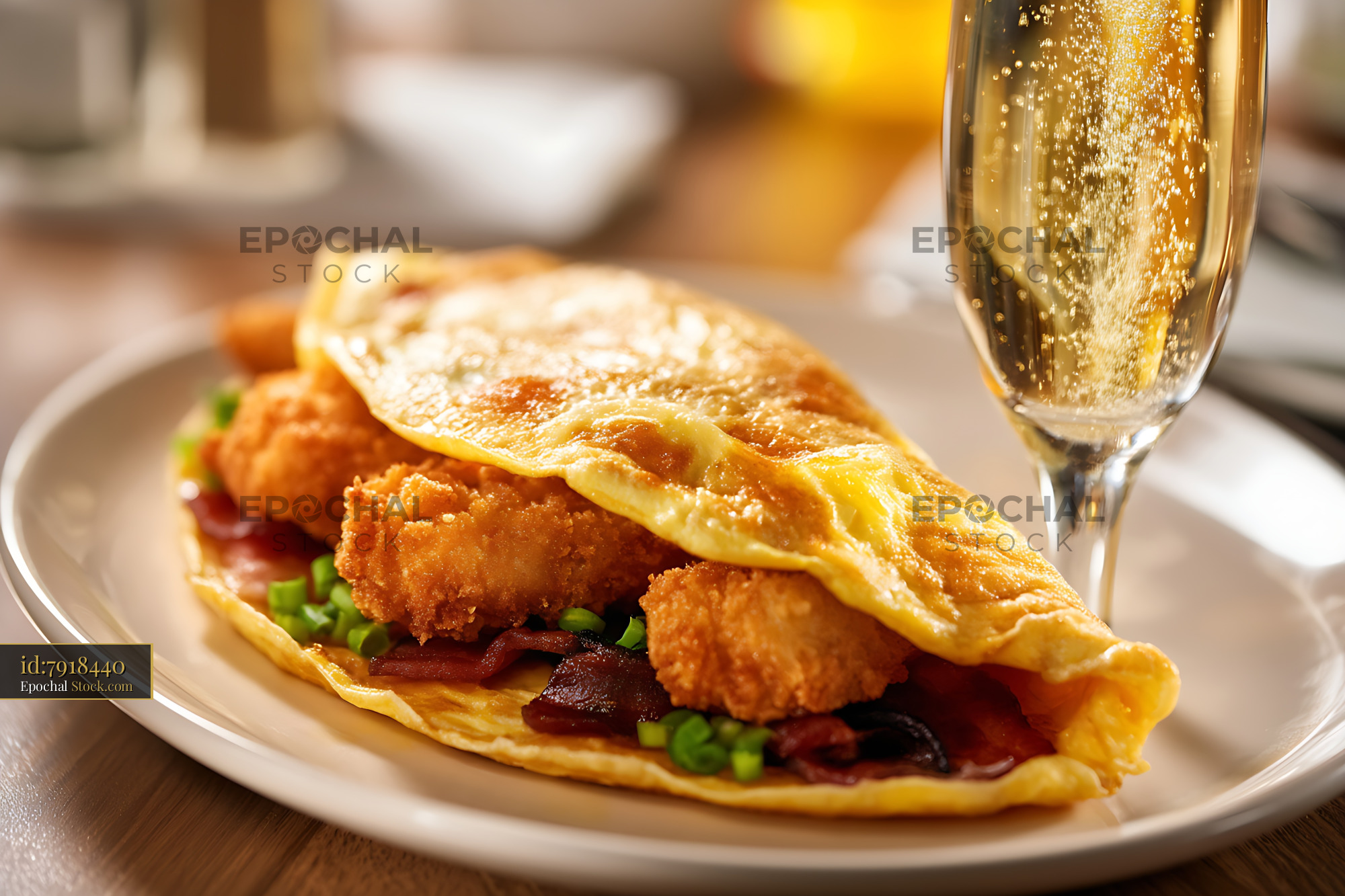 Gourmet Shrimp Omelette with Champagne and Bacon - stock photo