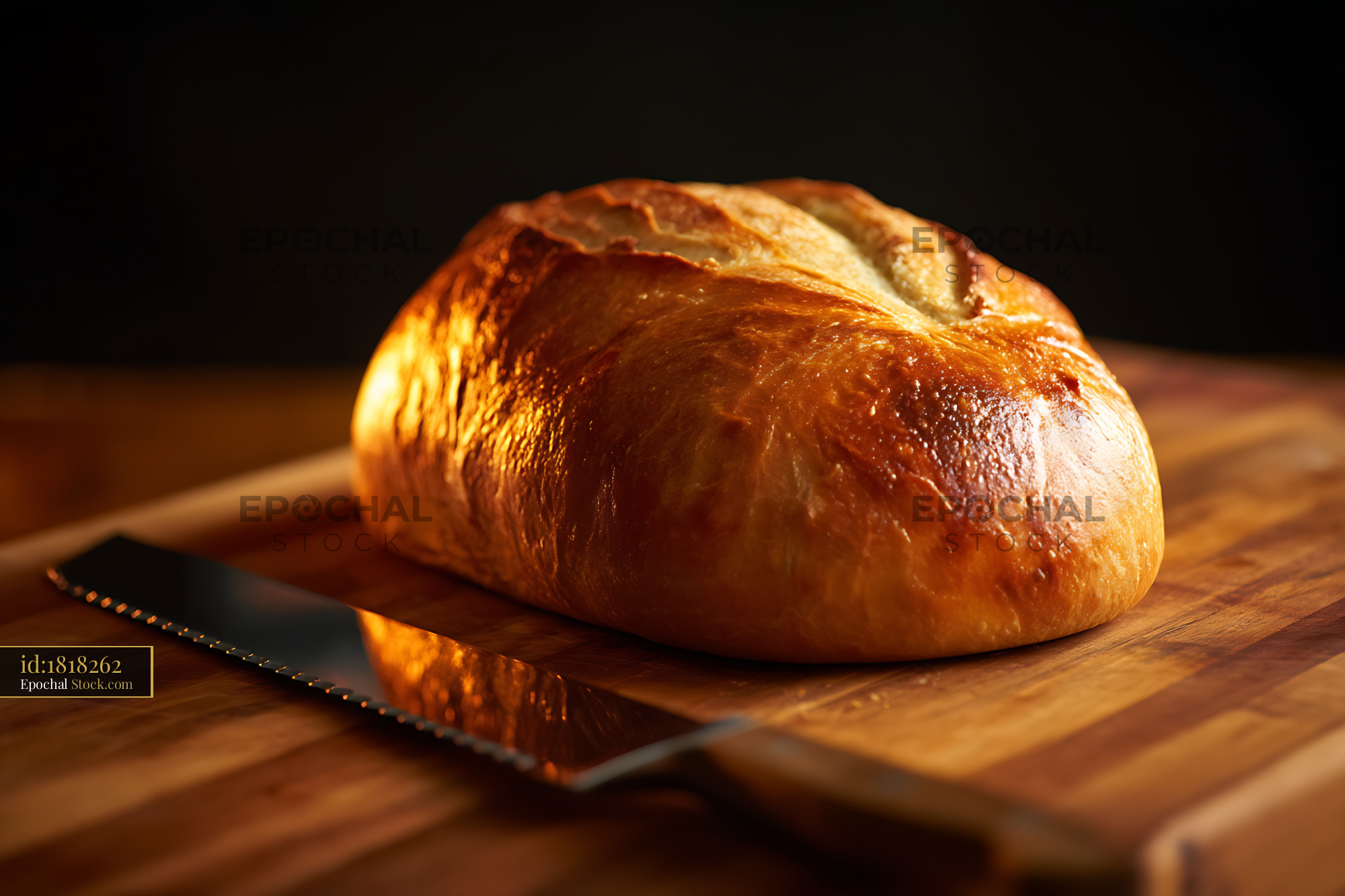 Fresh Artisan Bread Loaf on Wooden Cutting Board - stock photo