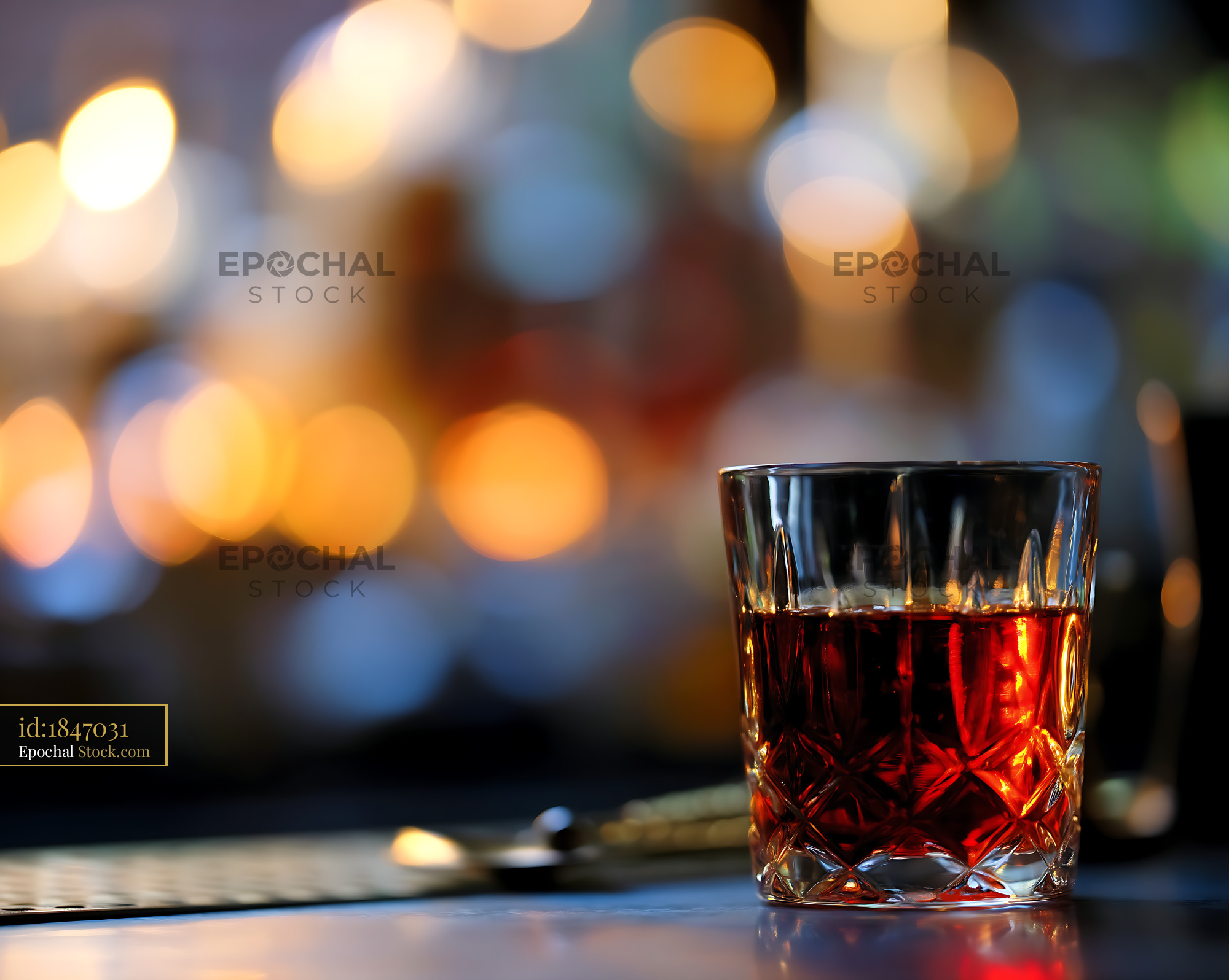 Bushwick Cocktail in Cut Crystal Glass, Bokeh Lights - stock photo